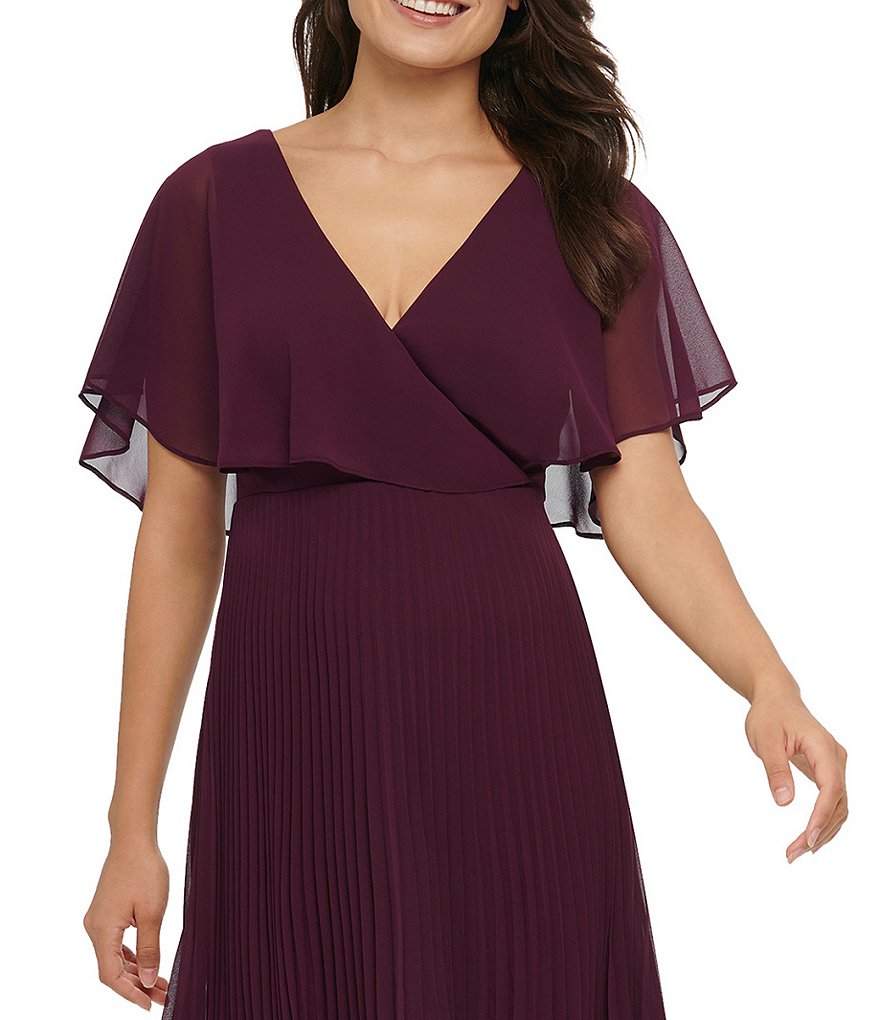 Kensie V-Neck Flutter Sleeve Chiffon Pleated Asymmetric Hem Midi Dress