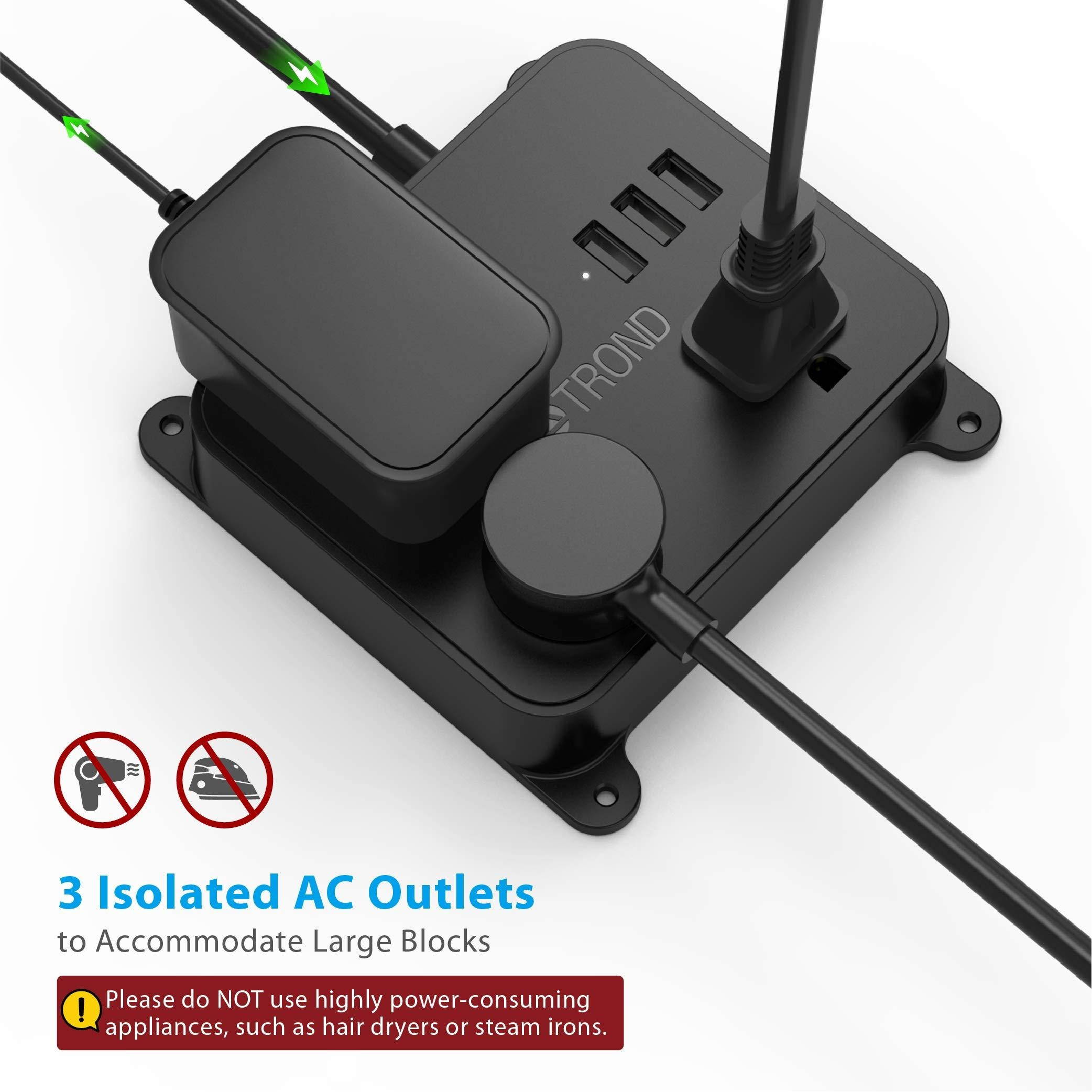 TROND Power Strip with 3 Widely Spaced Outlets and 3 USB Ports, 10 Ft Long Extension Cord , Flat Plug, Wall Mountable, Compact Desktop Charging Station for Dorm Room Home Office, Black