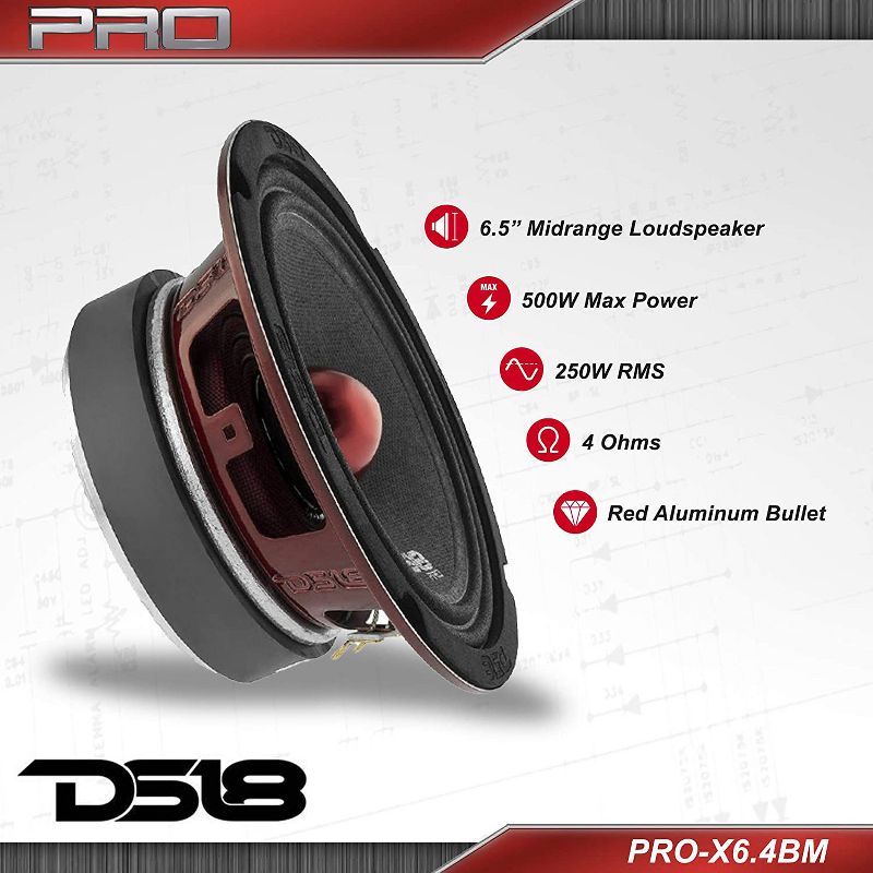 DS18 PRO-X6.4BM Pro X 6.5 Inch 500 Watt 250 RMS 4 Ohm Mid Range Car and Truck Door Loudspeaker with Black Steel Basket Bullet Design (4 Pack)
