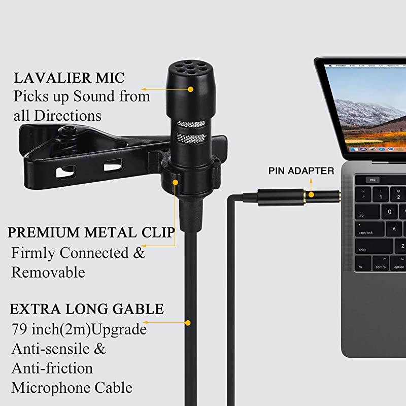 Lavalier Lapel Microphone 35 MM Shirt Mic Compatible iPhone iPad Mac Android Smartphones and Computer Clip on Microphone for YouTube Interview Studio Video Recording