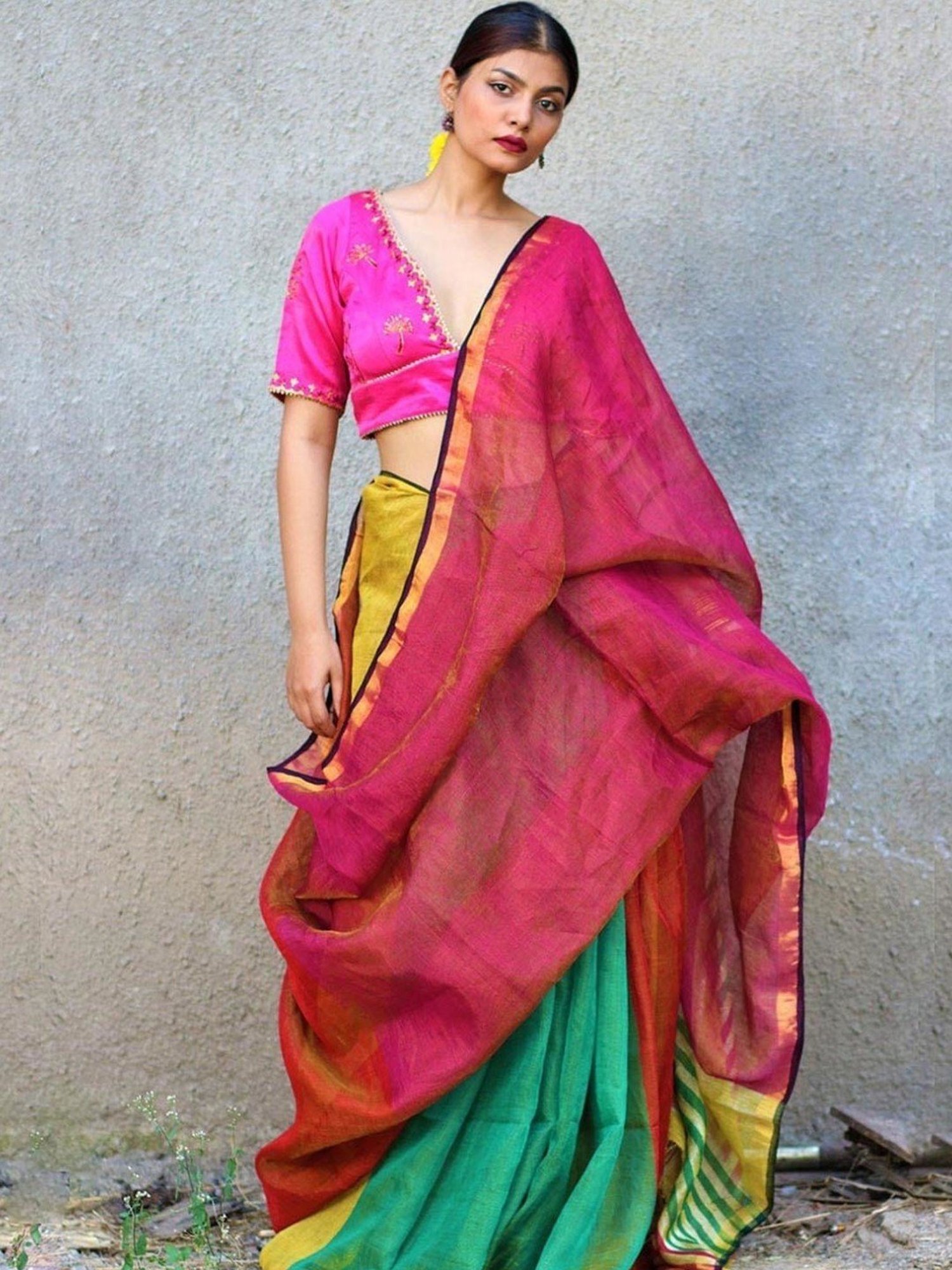 Chidiyaa Fitoor Pink Yellow Oceanic Blue Handwoven Linen Zari Saree Gazala