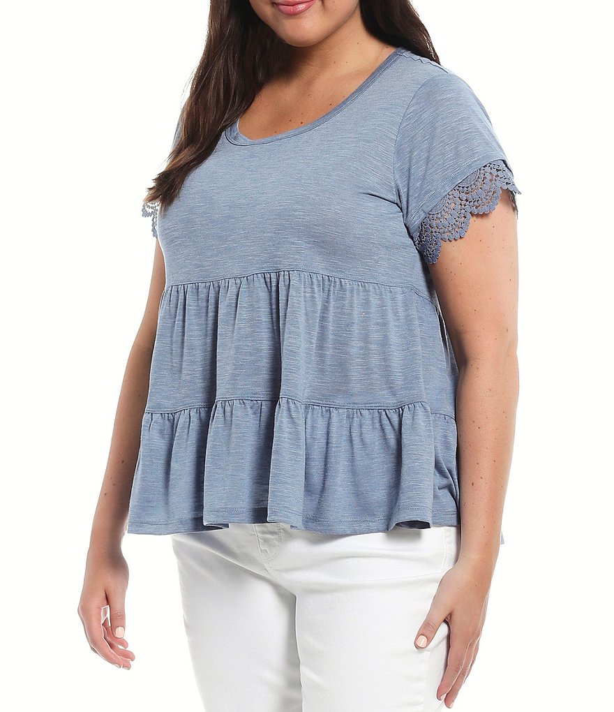 One World Apparel Plus Size Scoop Neck Lace Trim Short Sleeve Tiered Baby Doll Top