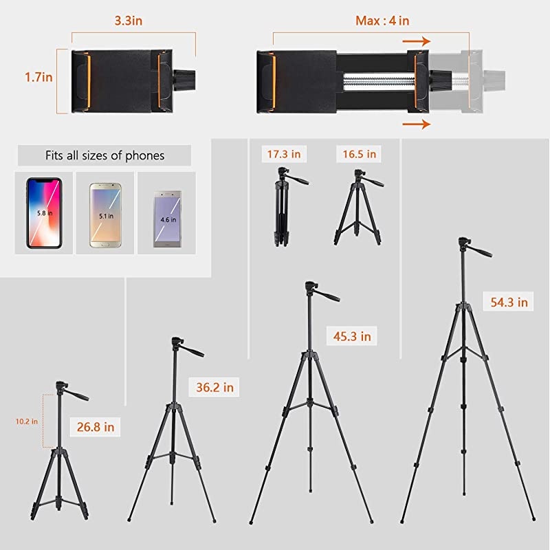 Lightweight Phone Tripod 55Inch Video Tripod with 360 Panorama and 14 Mounting Screw for MirrorlessGoproDSLR Camera Phone Holder for Smartphone Max Load 66 Lbs Carry Bag Inclued