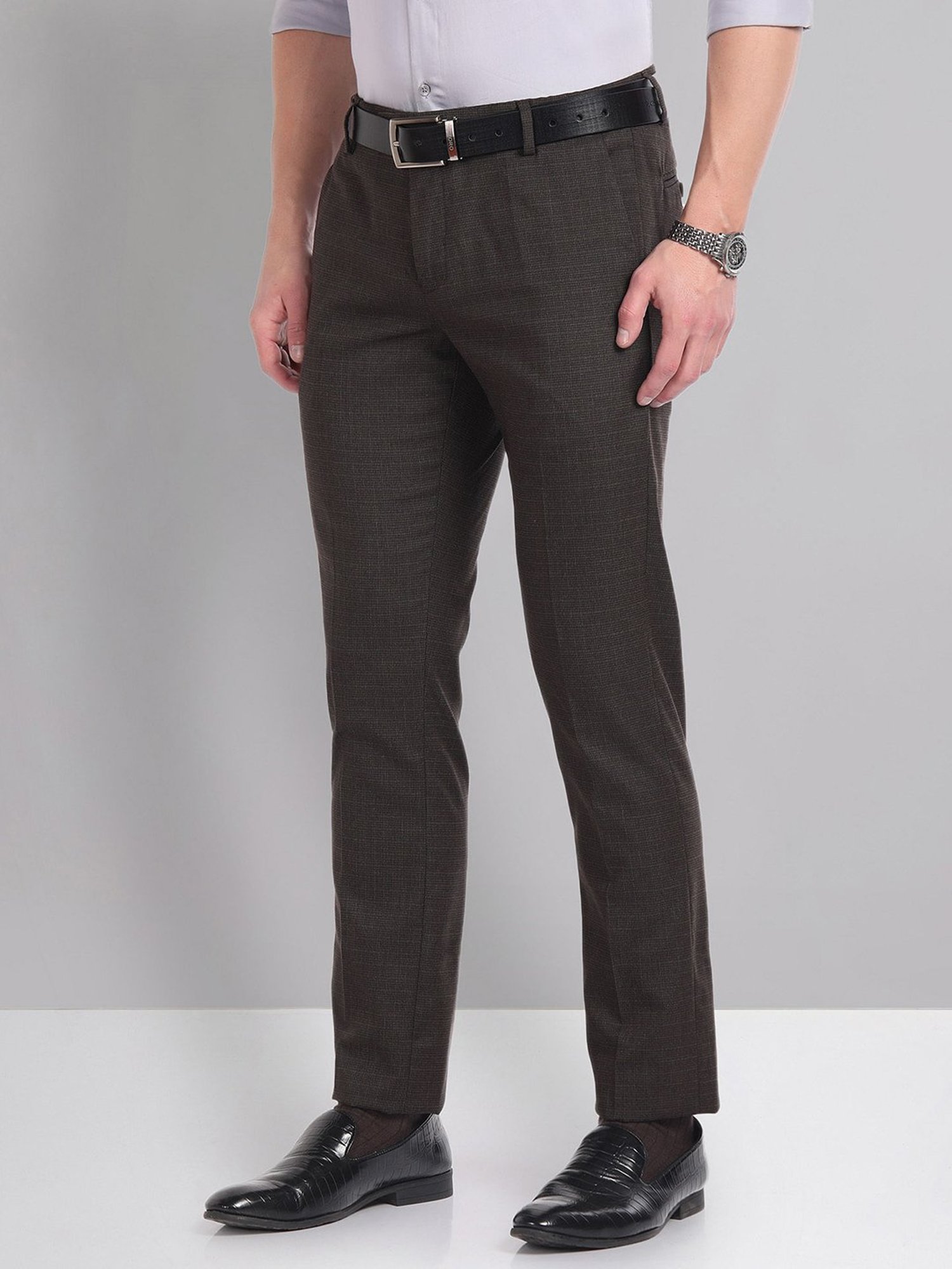 AD by Arvind Brown Slim Fit Flat Front Trousers