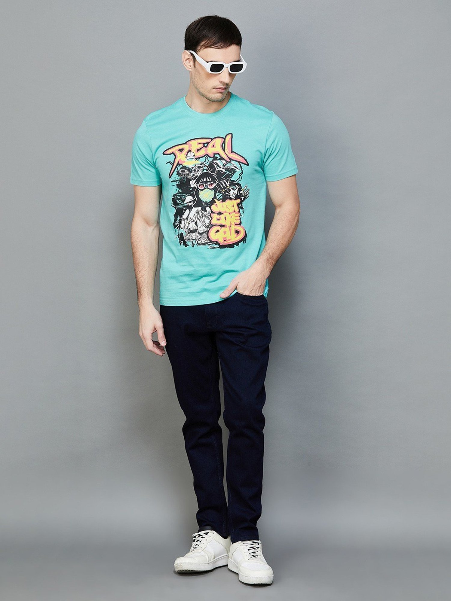 Forca by Lifestyle Turquoise Cotton Slim Fit Printed T-Shirt