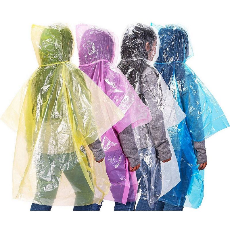 Juvale 48 Pack Kids Disposable Emergency Rain Ponchos with Hood, 4 Assorted Colors