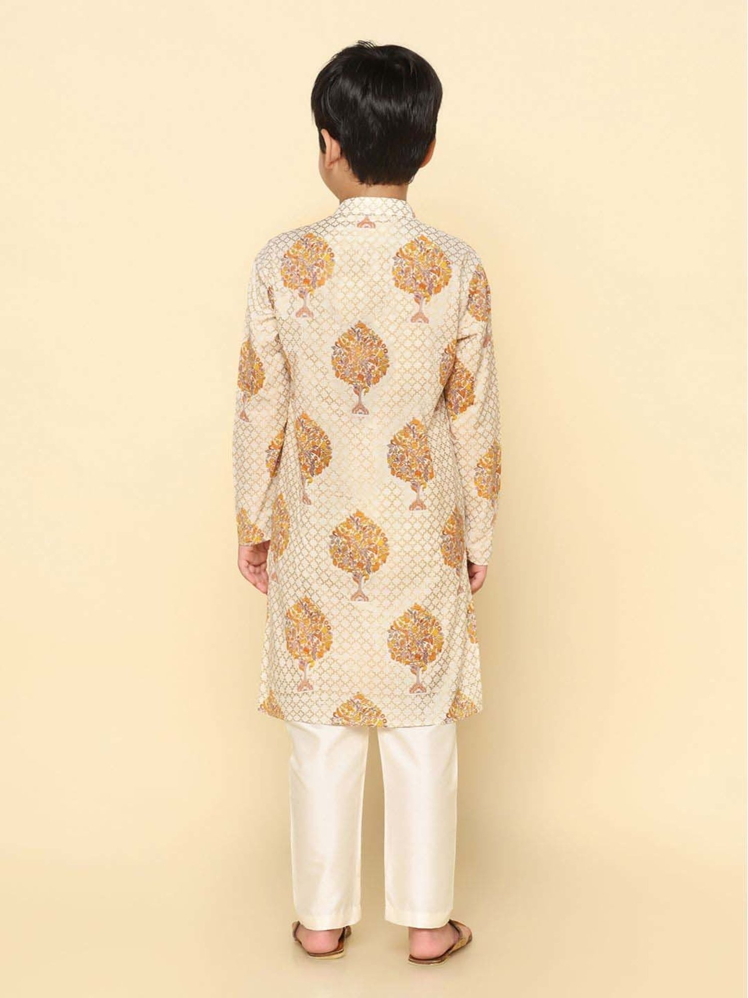 KISAH Kids White & Golden Printed Full Sleeves Kurta Set