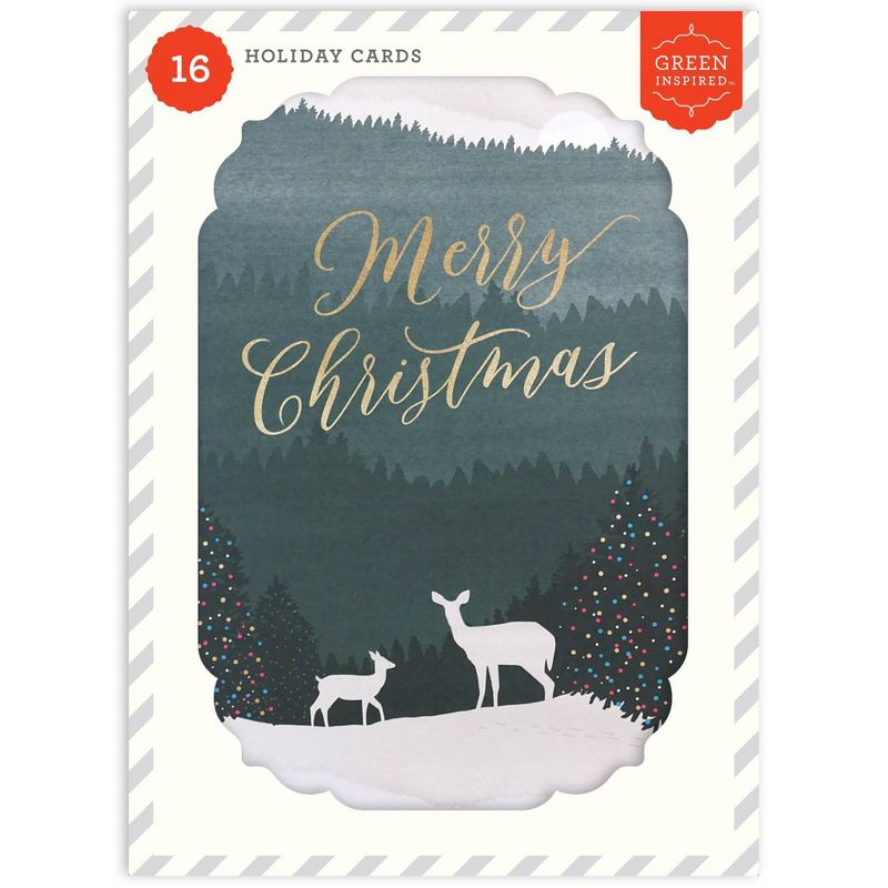 Green Inspired Merry Christmas Deer Boxed Cards 16ct