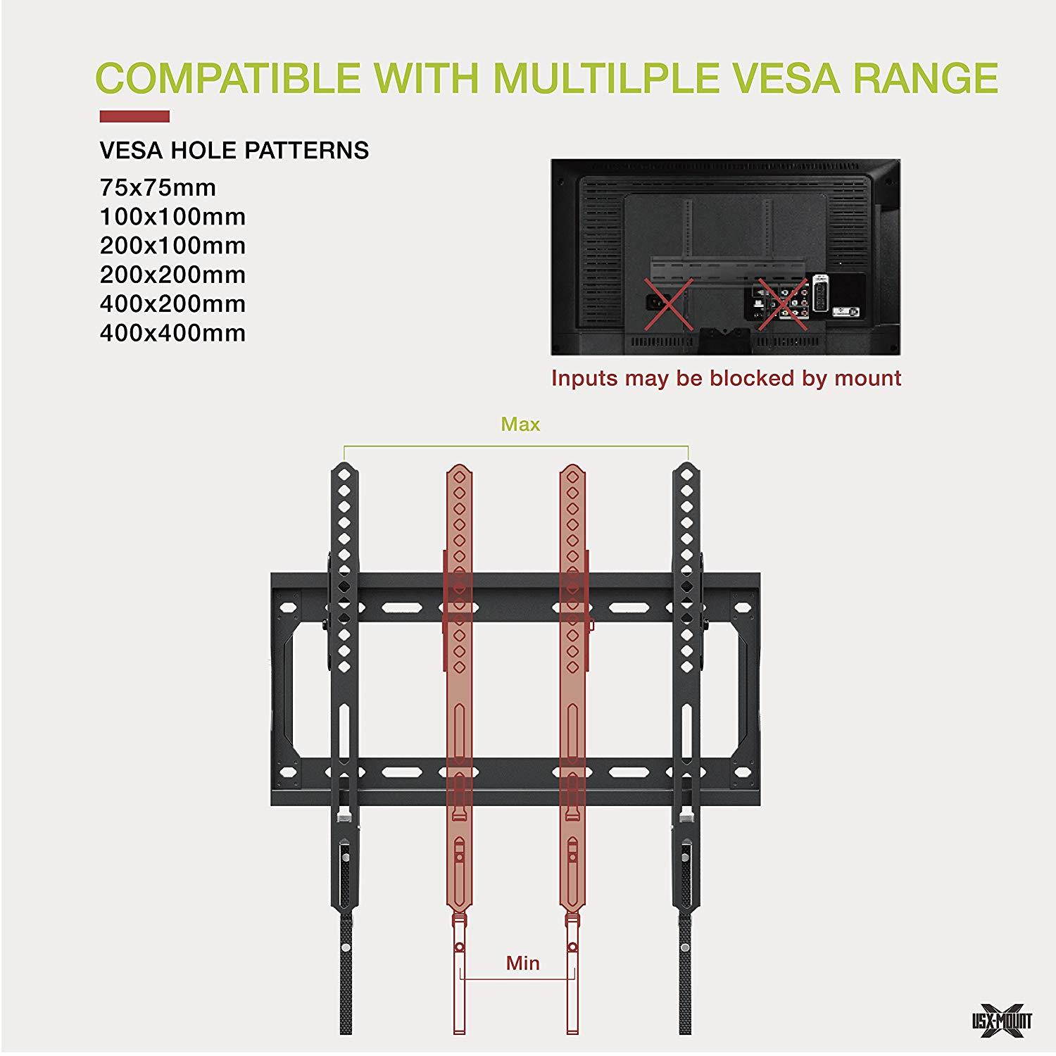 USX MOUNT XTM006-Low Profile Tilting TV Wall Mount Bracket for Most 26-55" LED, LCD, OLED, 4K TVs-Fit for 32, 40, 50, 55 TV with VESA 75x75mm to 400x400mm-Weight Capacity Up to 99lbs, Fits 16" Stud