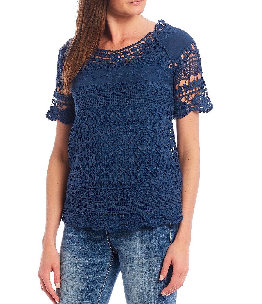 One World Apparel Lace Scoop Neck Short Sleeve Scalloped Trim Top