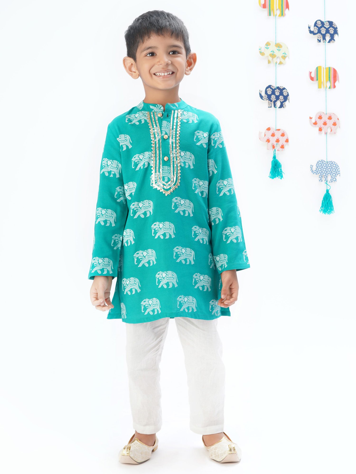 Lil Drama Kids Turquoise & White Printed Full Sleeves Kurta with Pants