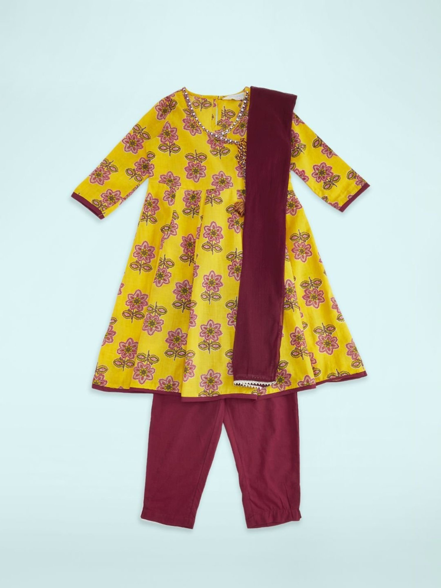 Akkriti by Pantaloons Kids Yellow & Maroon Cotton Floral Print Kurta Set