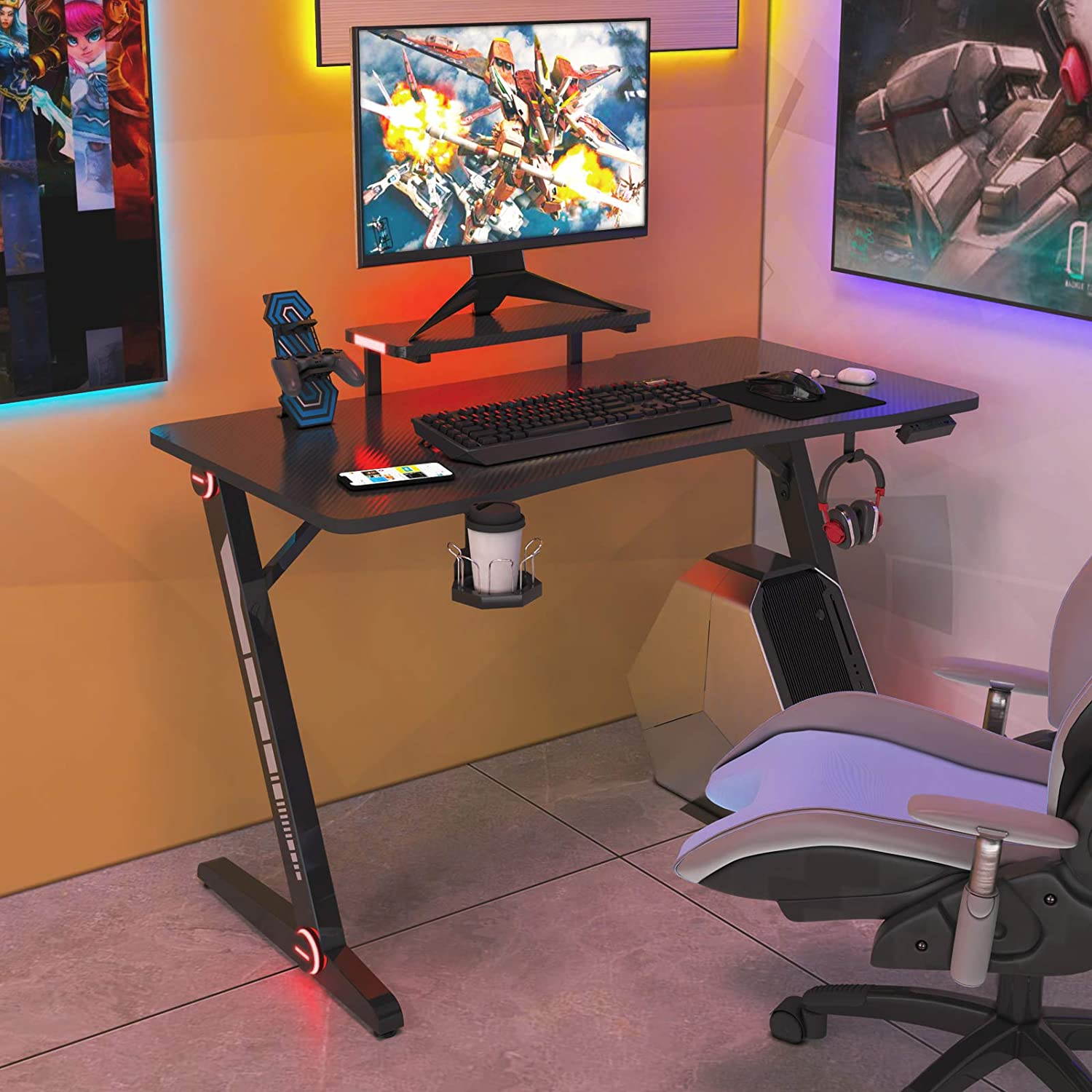 47.2 Inch Z-Shaped Gaming Desk Home Office Computer Desk Gamer Workstation with Monitor Stand Carbon Fiber Surface Gamer Table with RGB Lights Cup Holder Headphone Hook Plug Board Holder