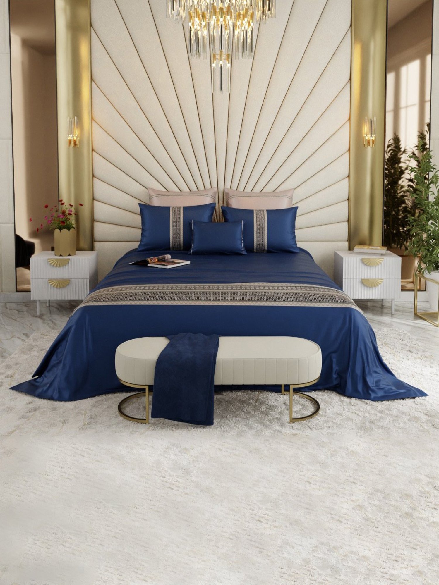Stoa Paris Sapphire Splendour Navy Blue 300 TC Polyester Super king Crown of Versailles Bedding Set