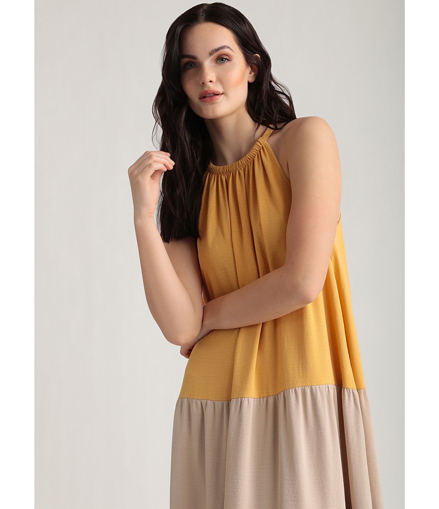 Maggy London Halter Neck Color Block Maxi Swing Dress