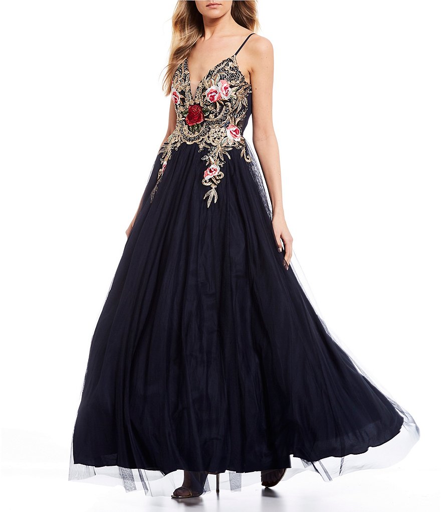 Blondie Nites Spaghetti Strap V-Neck Embroidered Floral Bodice Mesh Ball Gown
