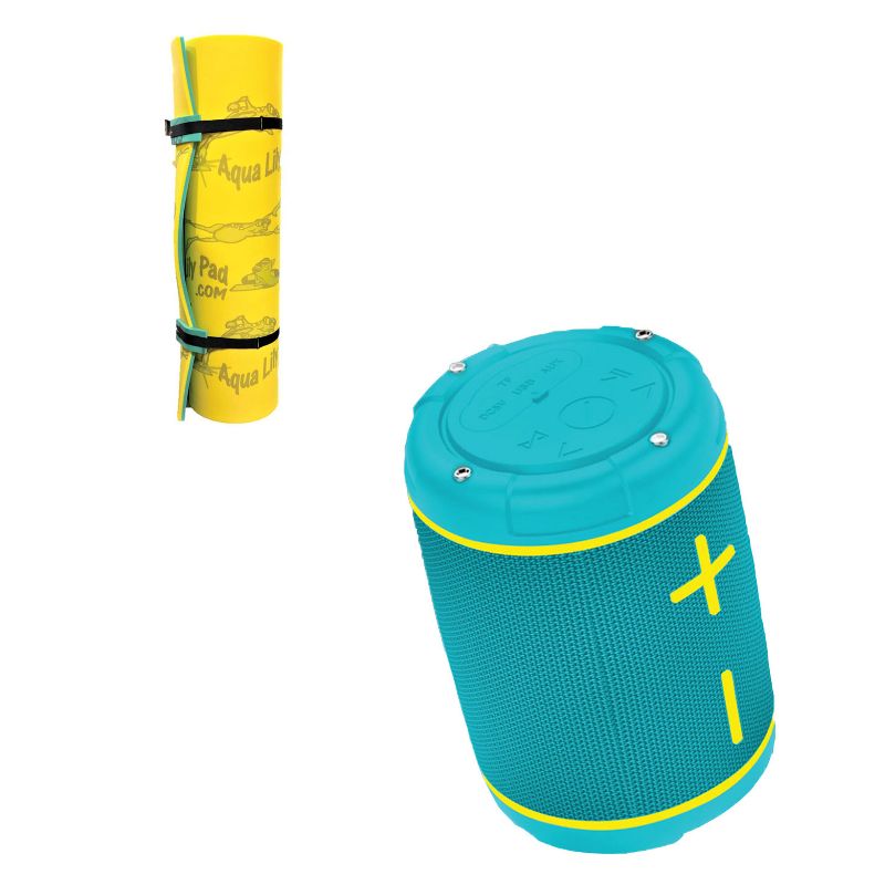 Aqua Lily Pad 12 Foot Water Playground Floating Foam Island with Compact Waterproof Floating Bluetooth Speaker, Yellow/Teal