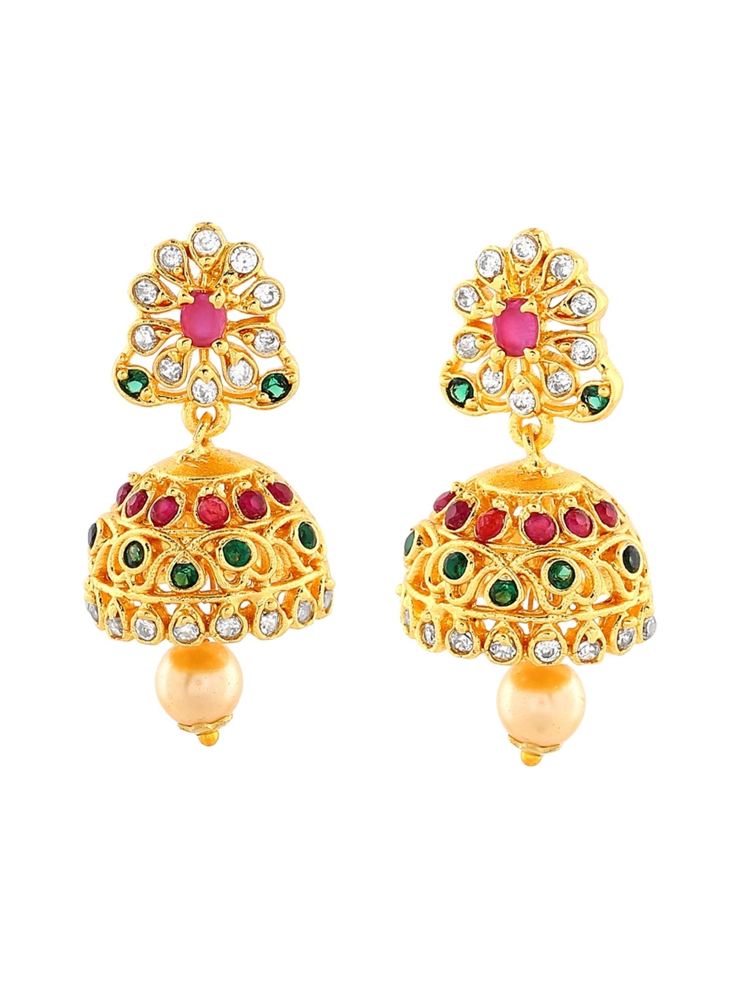 Estele Gold-Plated CZ Intricate Jhumki Earrings with Pearl & Multi Crystal for Women