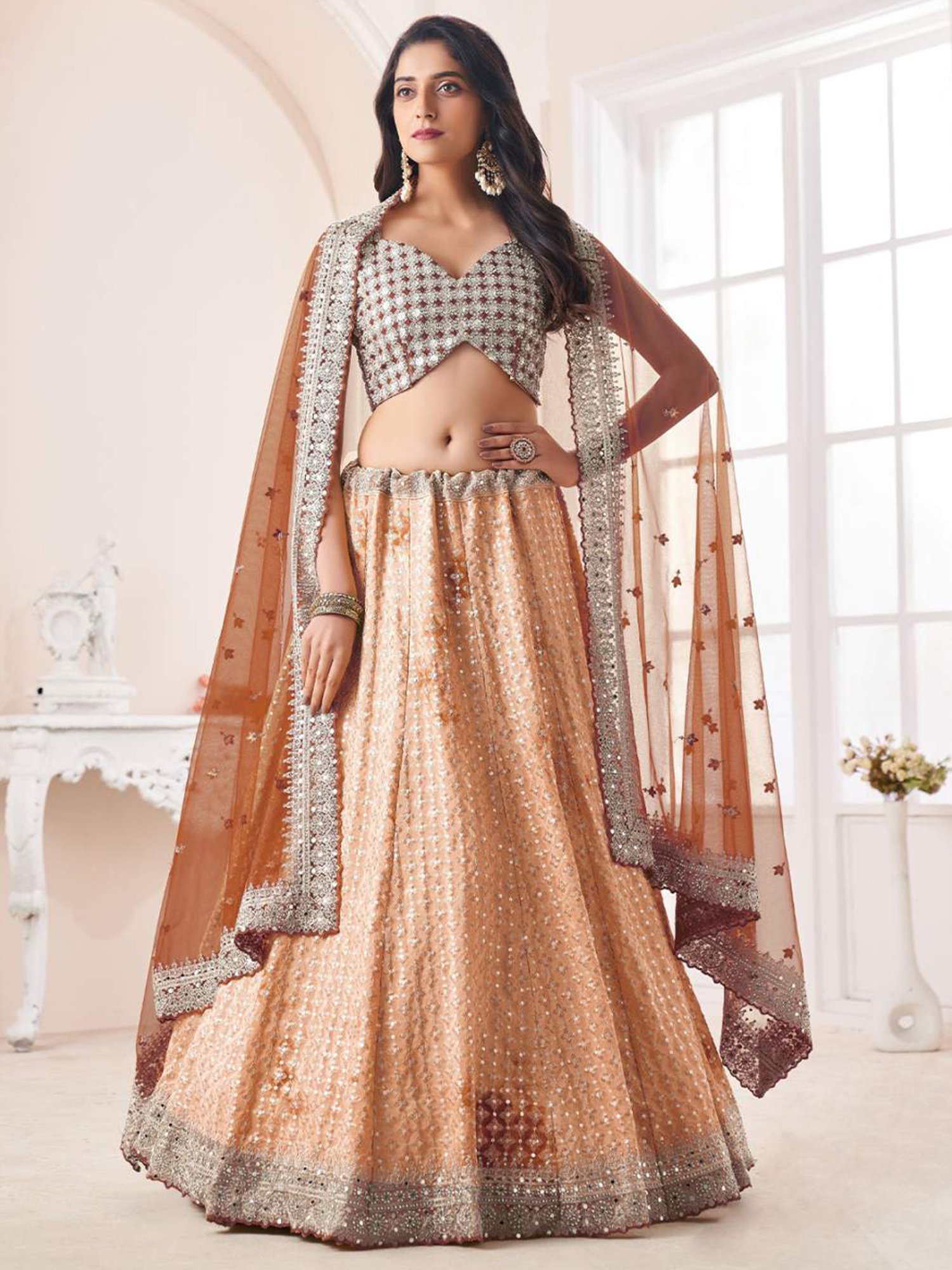 Odette Peach Embellished Semi Stitched Lehenga Blouse Set With Dupatta