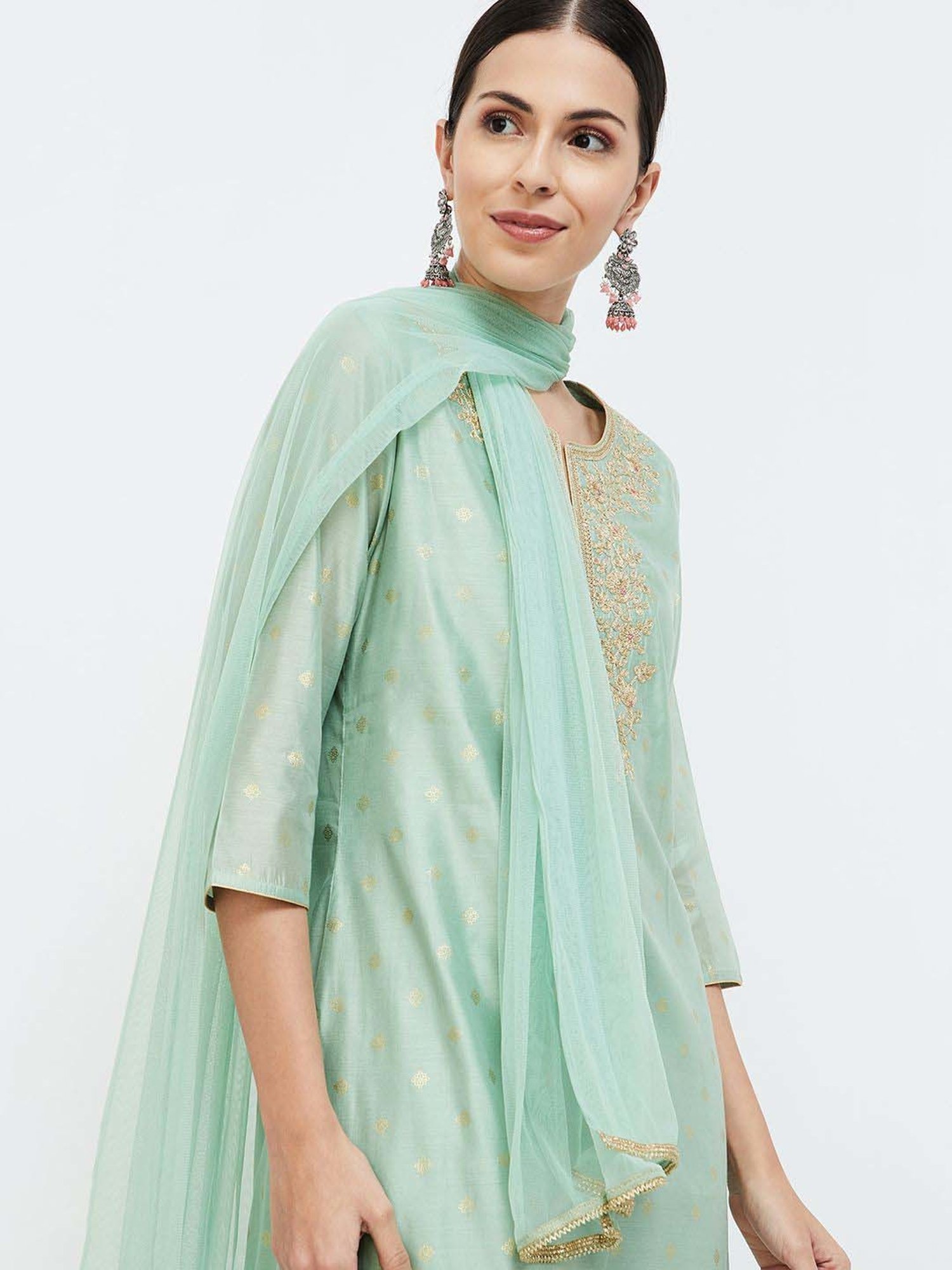 Melange by Lifestyle Sea Green Embroidered Kurta & Palazzo Set With Dupatta