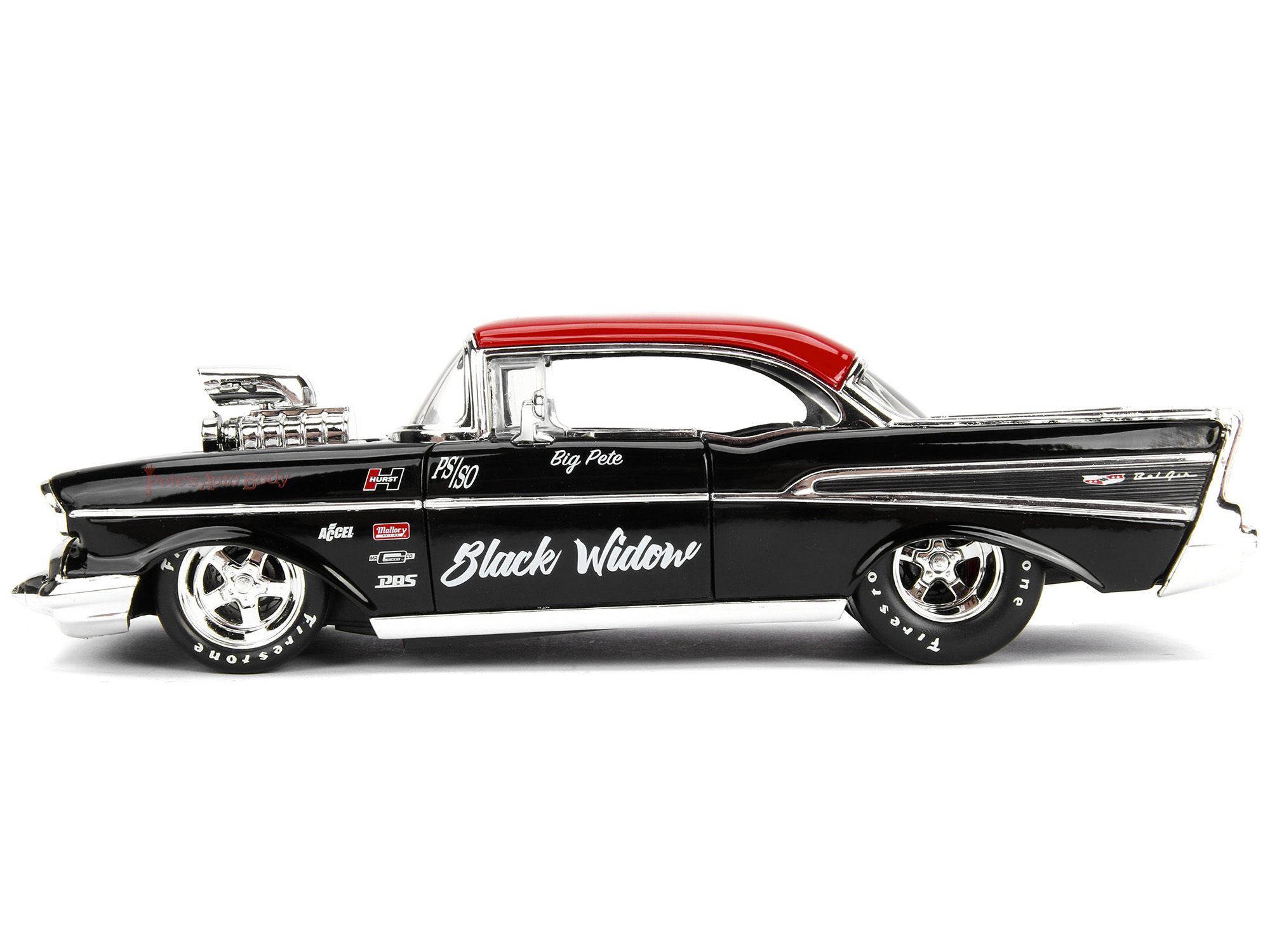 1957 Chevrolet Bel Air Black with Red Top "Pete's Auto Body: Black Widow" "Bigtime Muscle" Series 1/24 Diecast Model Car by Jada
