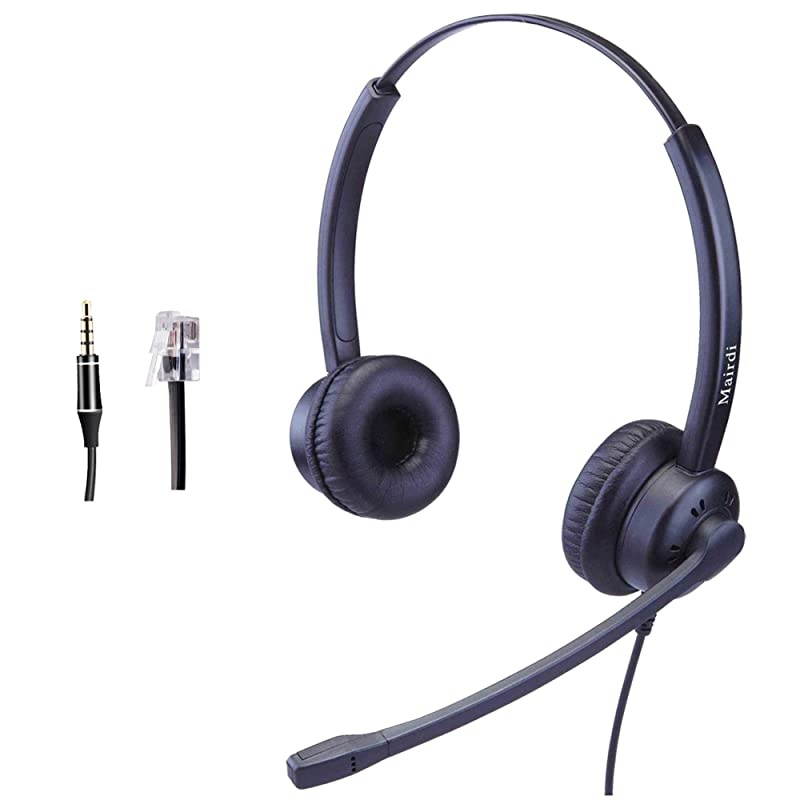 Headset with Noise Canceling Microphone, Including RJ9 & 3.5mm Connectors for Landline Deskphone and Smartphone PC Laptops, Call Center Office Headset for Yealink Grandstream Snom