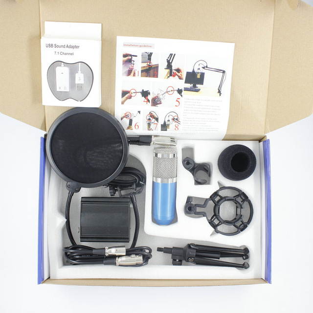 BM800 Condenser Microphone Cardioid Pro Audio Studio Vocal Recording Mic + 48V Phantom Power +Desk Stand +USB sound Adapter