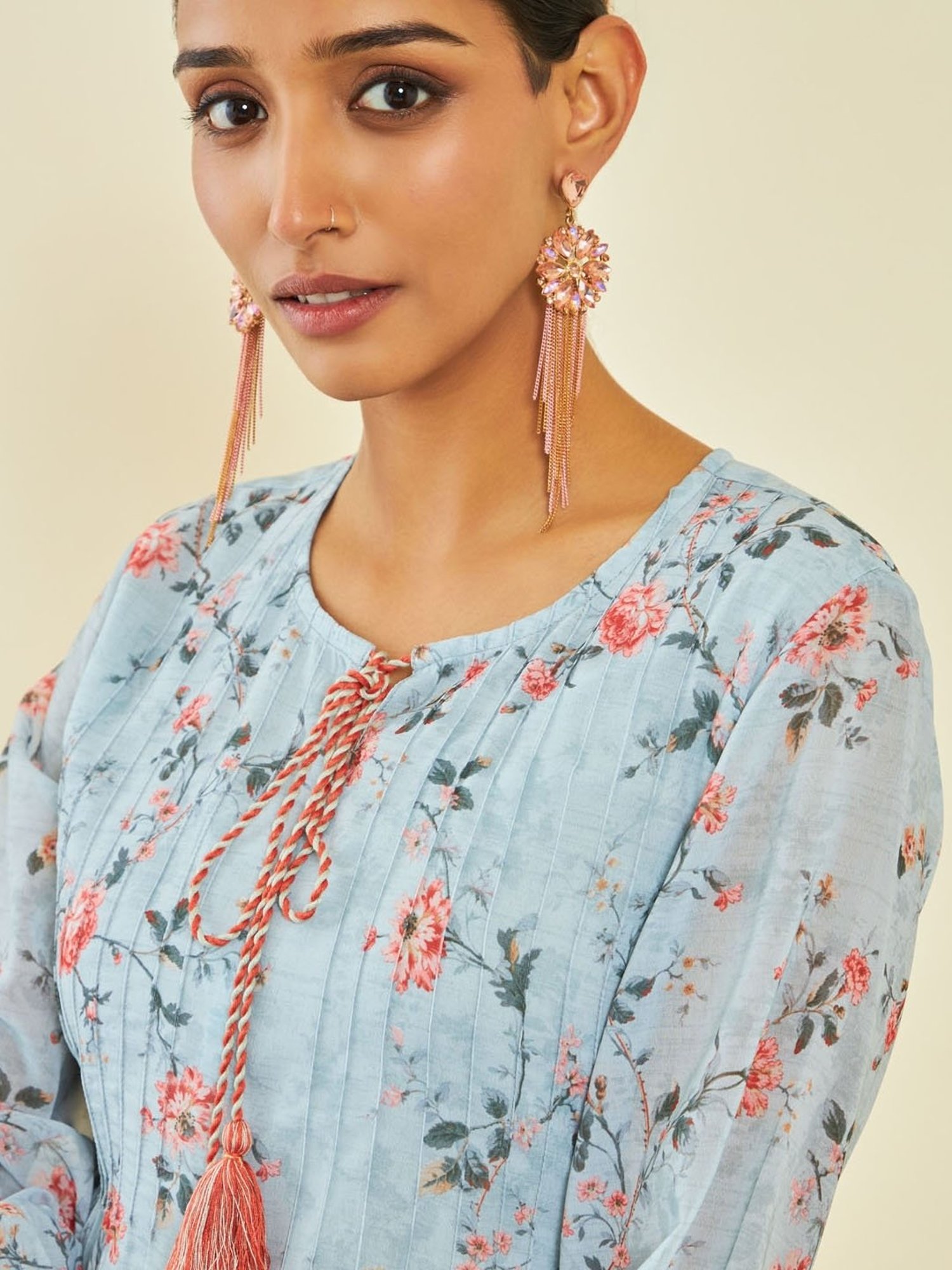Soch Powder Blue Georgette Floral Print A-Line Tunic with Pintucks