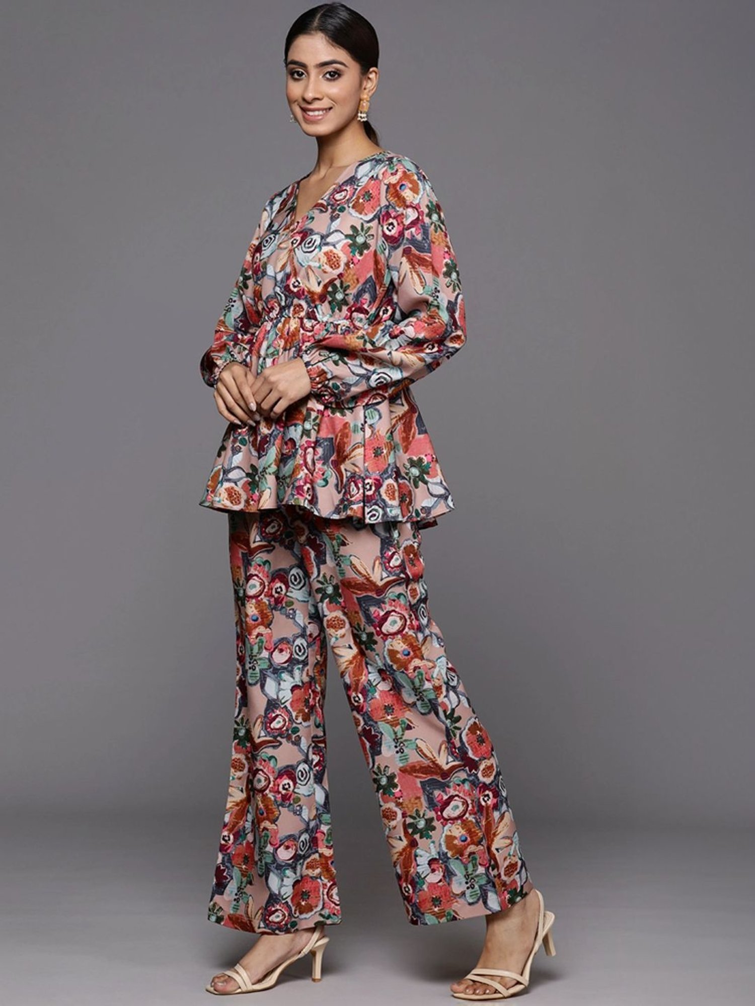 Varanga Beige Floral Print Top Pant Set