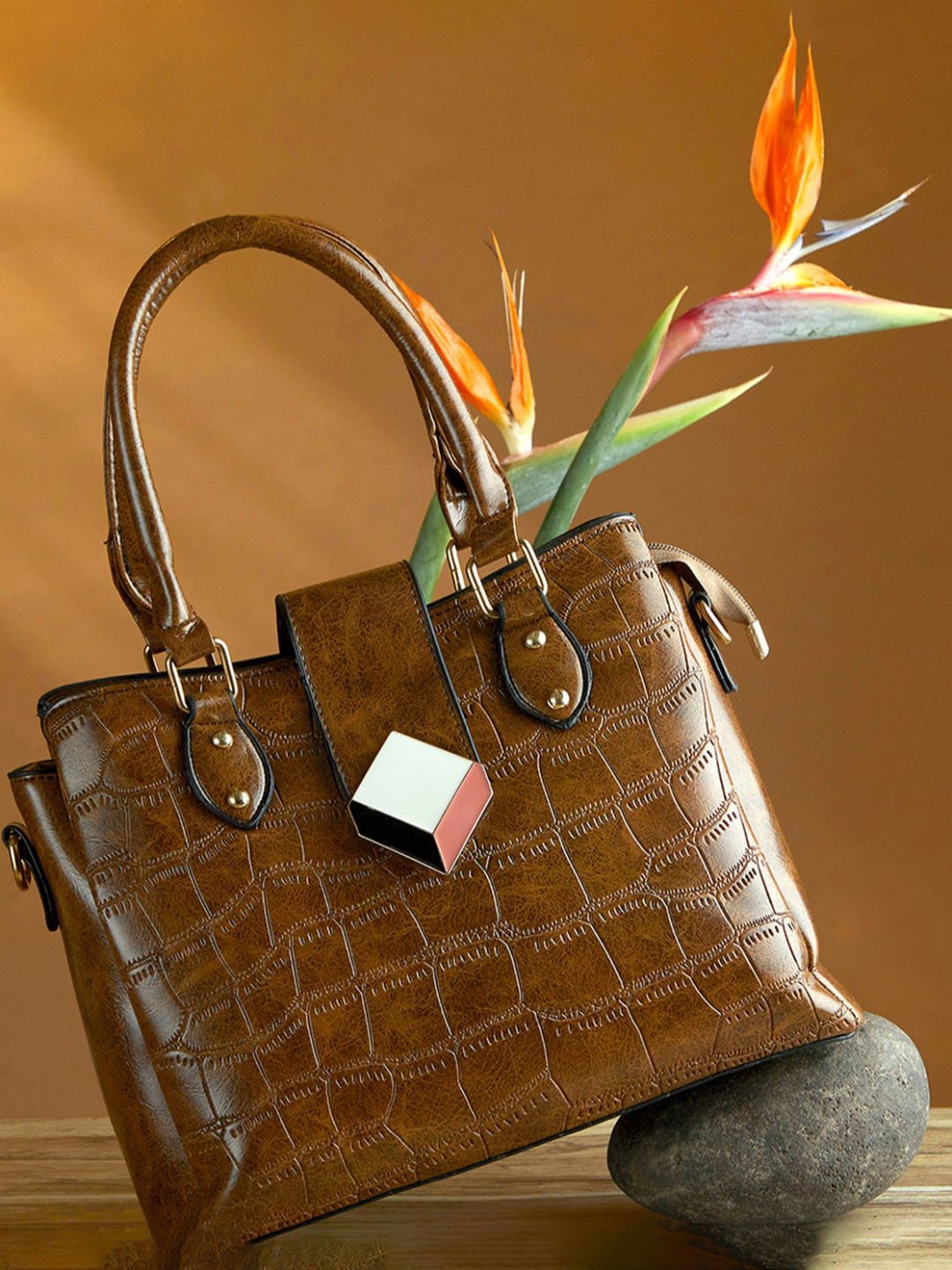 HauteSauce Brown Textured Medium Handheld Handbag