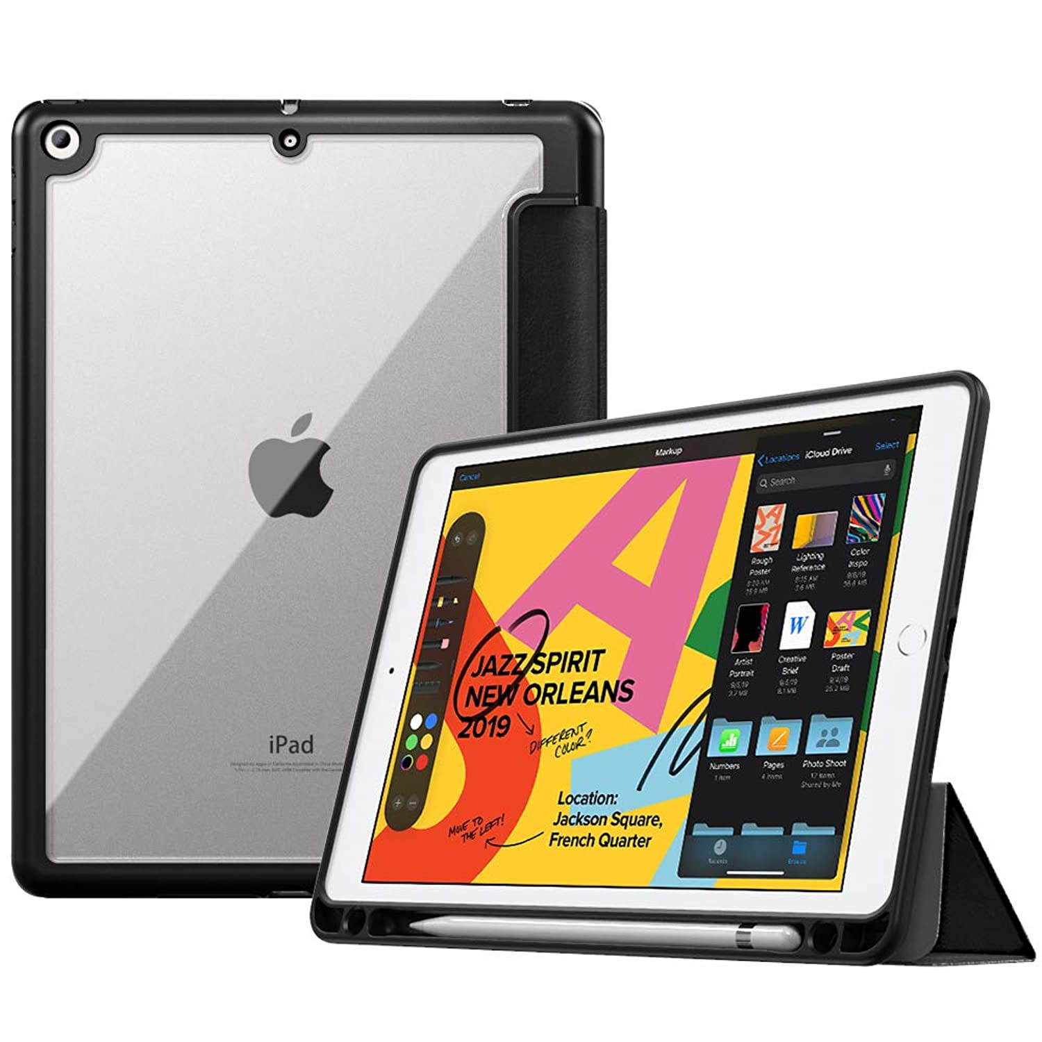 MoKo Case Fit New iPad 7th Generation 10.2" 2019 / iPad 10.2 Case with Apple Pencil Holder, Smart Shell Cover with Translucent Back Corner/Bumper Protector Case, Auto Wake/Sleep - Black