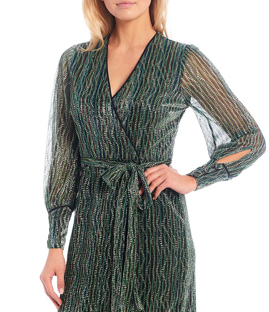 Harlyn Metallic Knit V-Neck Long Sleeve Wrap Midi Dress