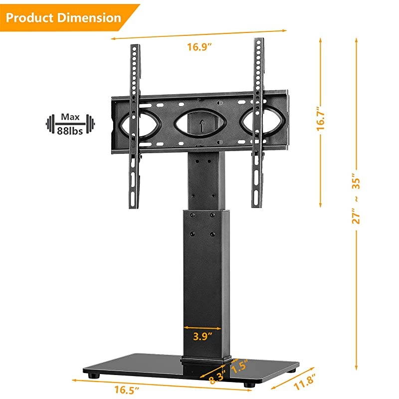 Universal Swivel Tabletop TV Stand with Mount for 37 40 42 47 50 55 60 65 70 inch Flat or Curved Screen TVs with Tempered Glass Base Height AdjustmentVESA 400x400mm