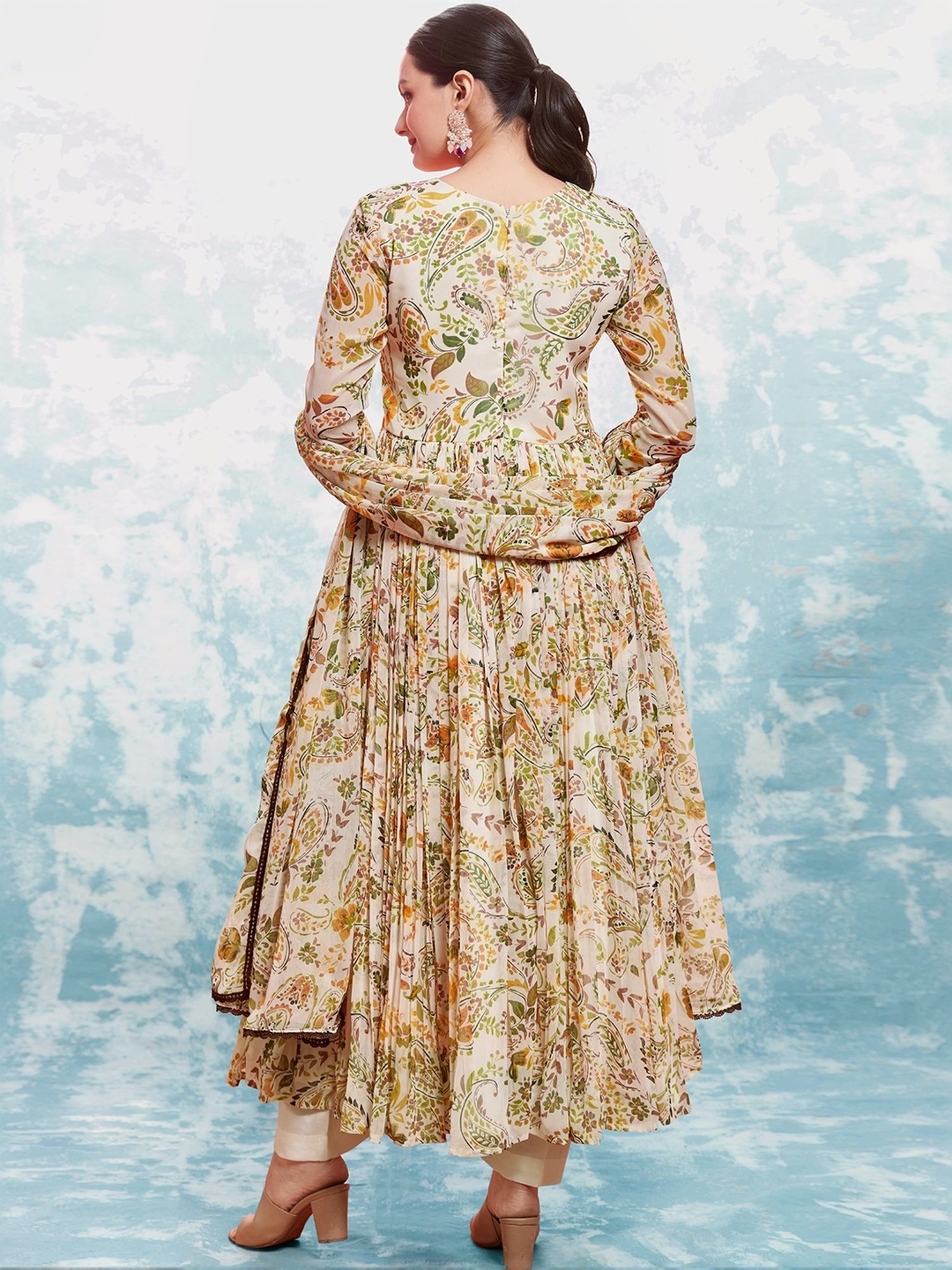 Odette Beige Printed Kurta Pant Set With Dupatta