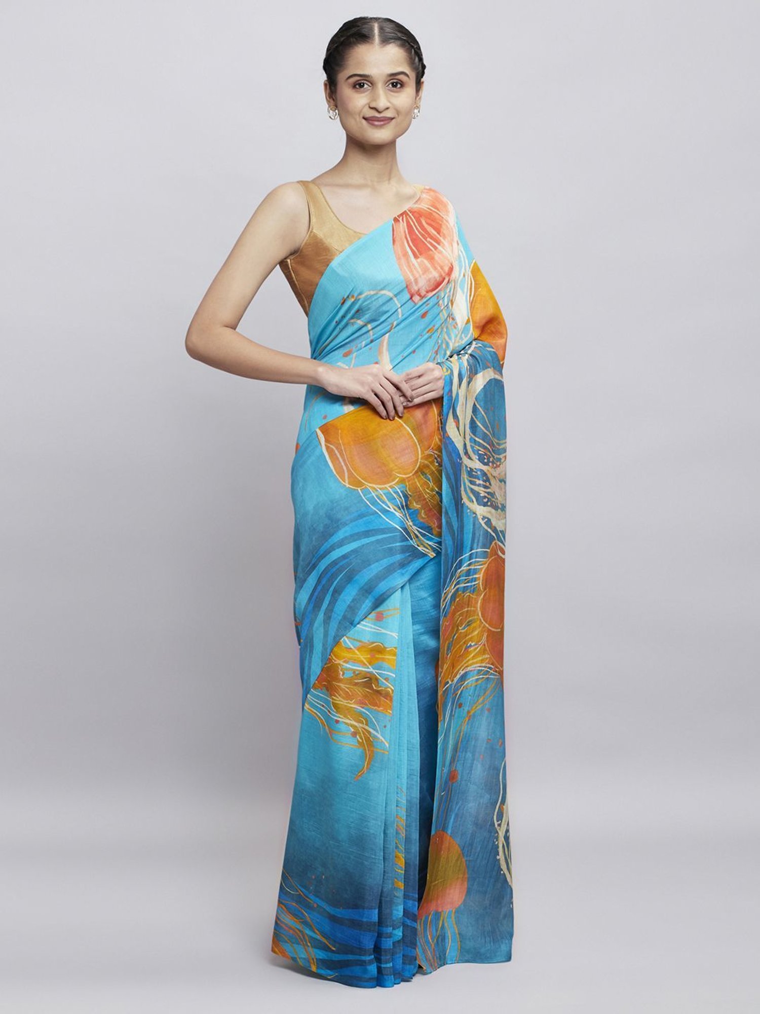 Navyasa Powder Blue liva Organza Abstract Printed Saree With Coordinated Unstitched Blouse Piece