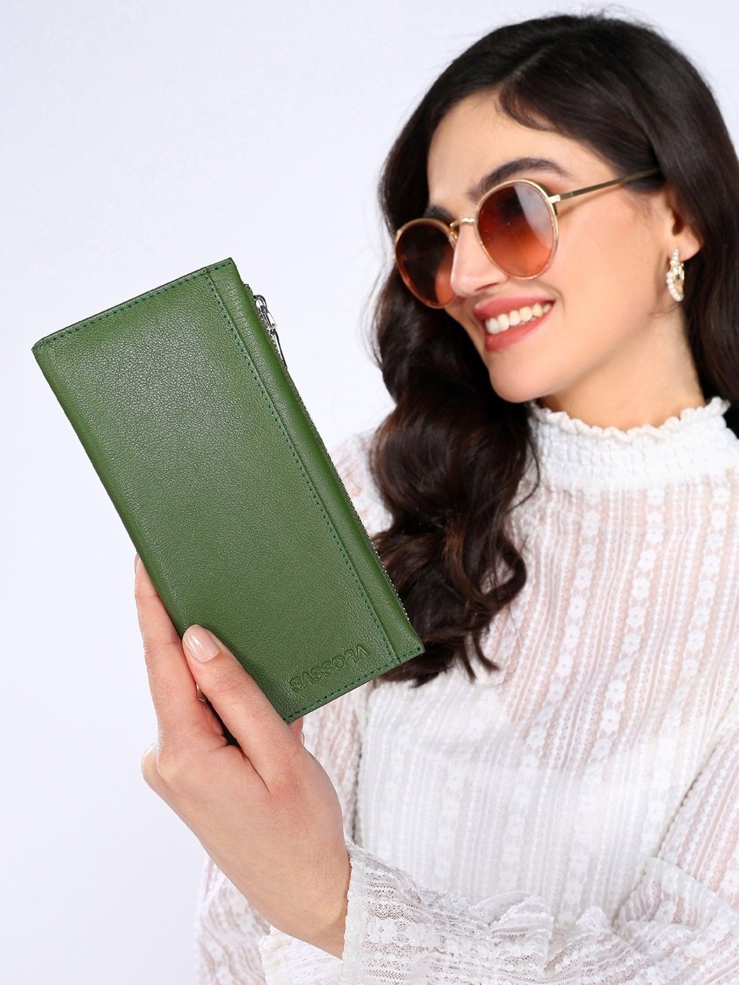 SASSORA EBONY Green Leather Textured Wallet