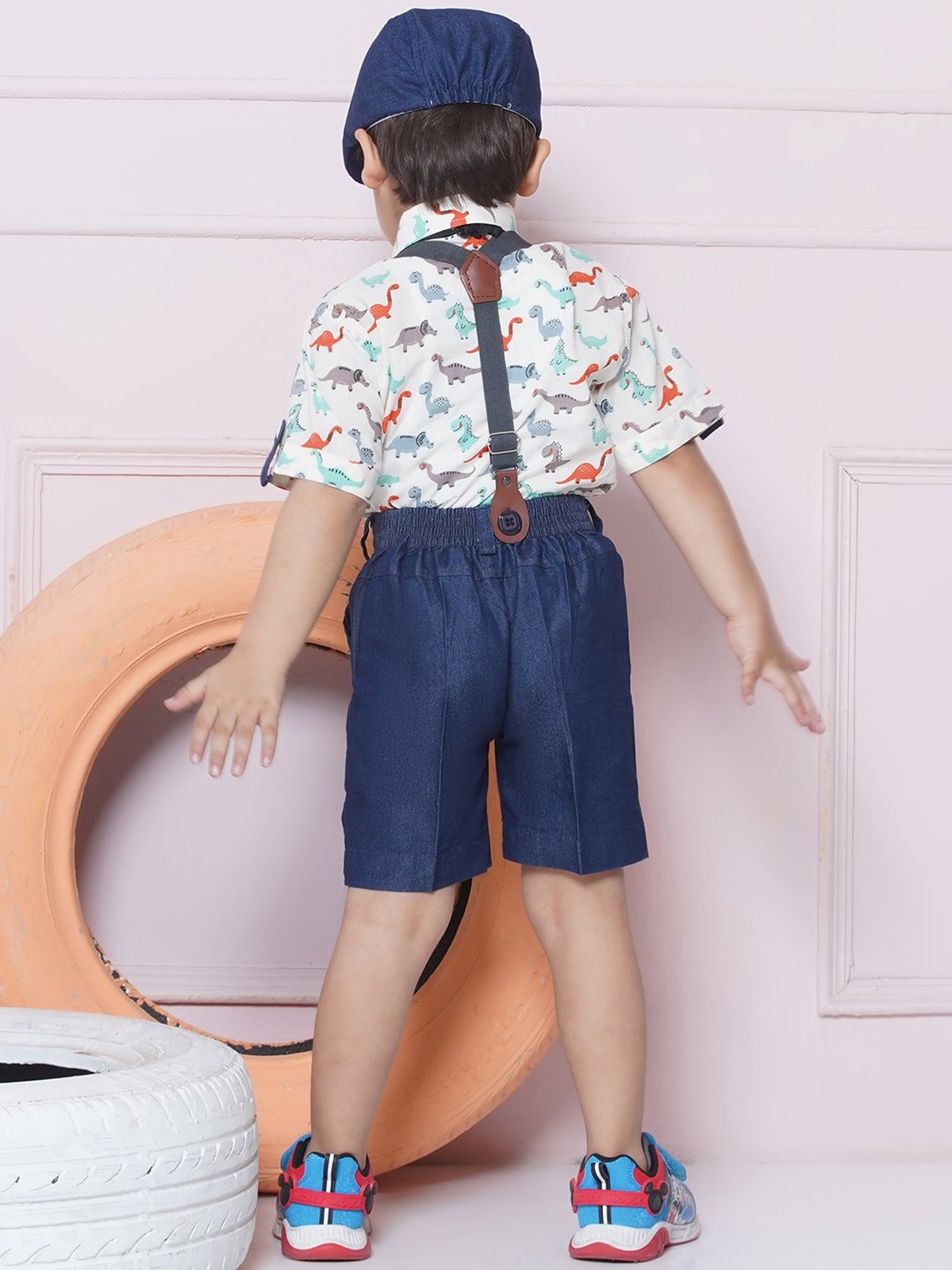 AJ Dezines Kids Orange & Navy Printed Shirt, Shorts, Suspender, Bow with Cap