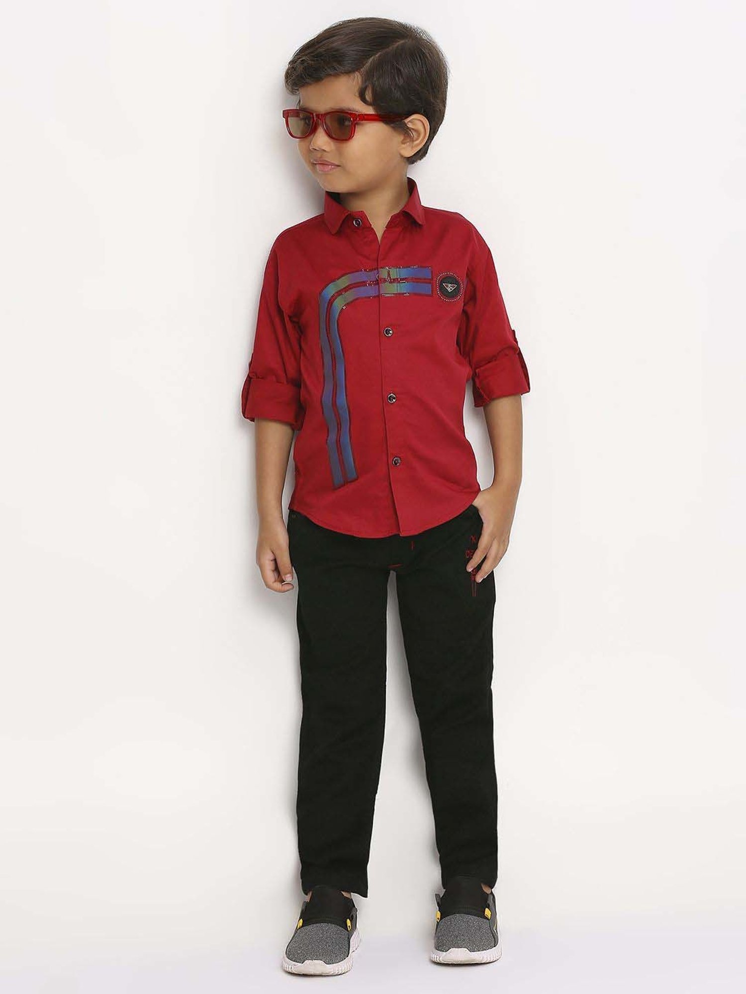 Kids Island Boys Maroon & Black Printed Full Sleeves Clothing Set