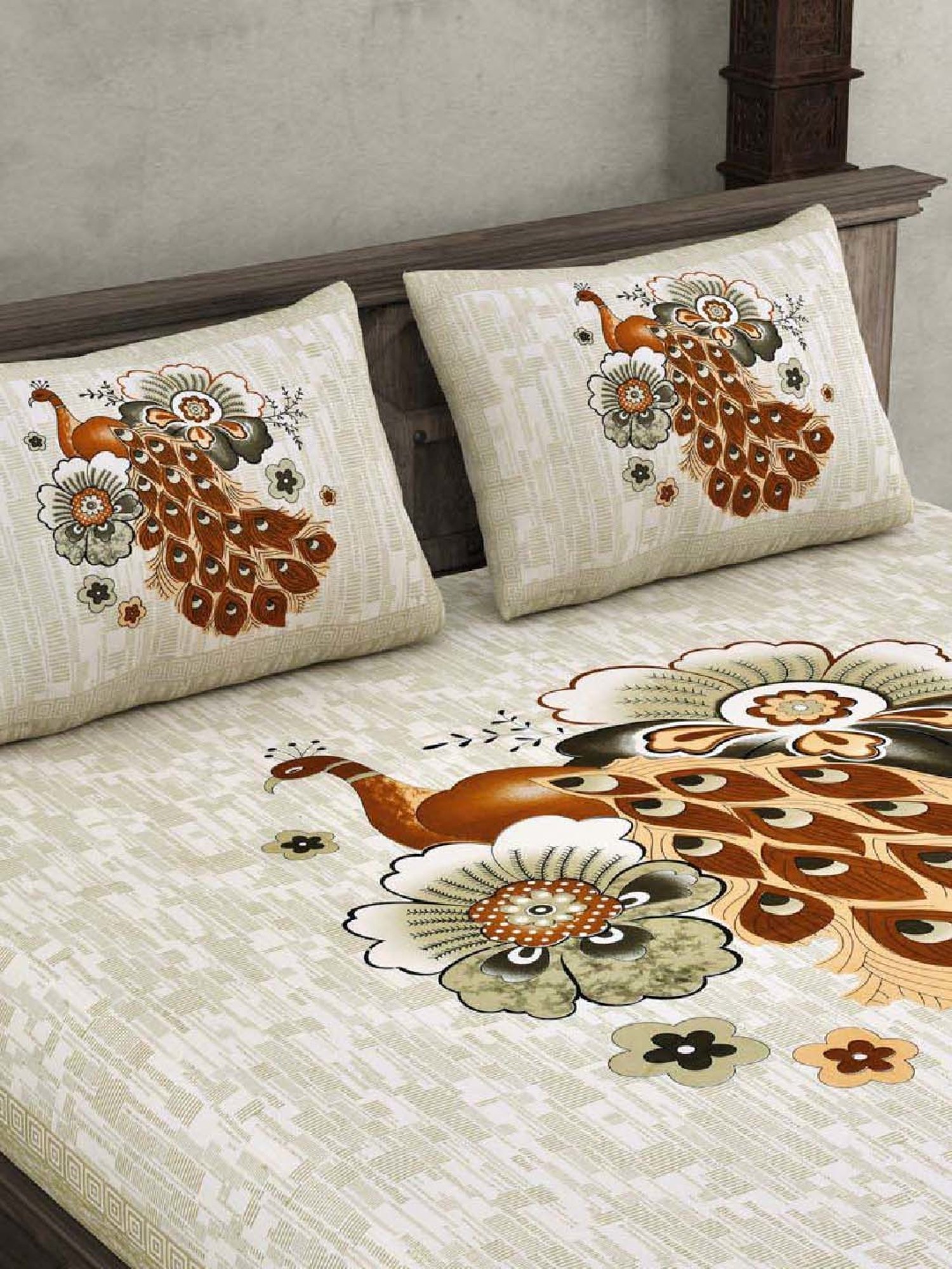 JaipurFabric Grey & Brown 180 TC 100% Cotton Peacock Double Bedsheet with 2 Pillow Covers