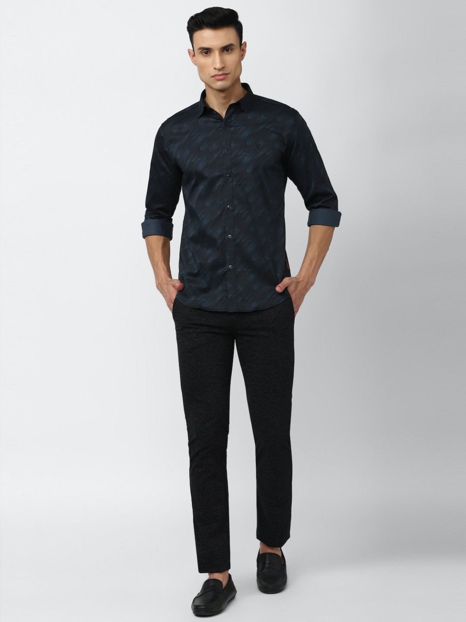 V Dot Grey Slim Fit Printed Shirt