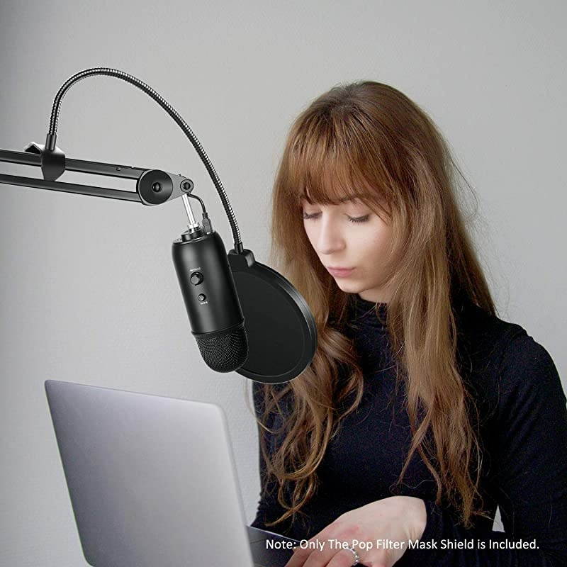 Professional Microphone Pop Filter Shield Compatible with Blue Yeti and Any Other Microphone Dual Layered Wind Pop Screen With A Flexible 360 Degree Gooseneck Clip Stabilizing Arm