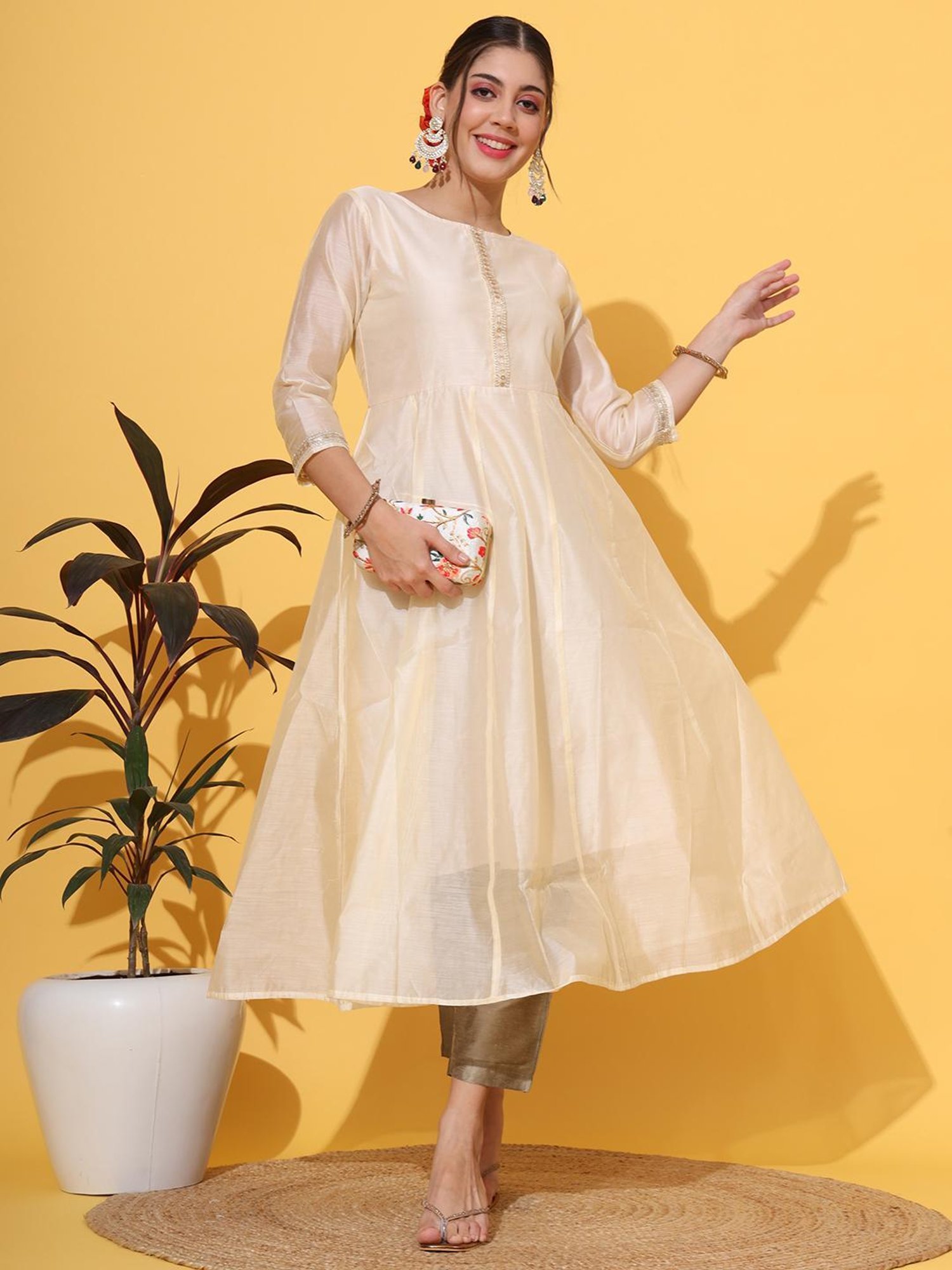 DECKEDUP Cream Embellished Kurta With Pants
