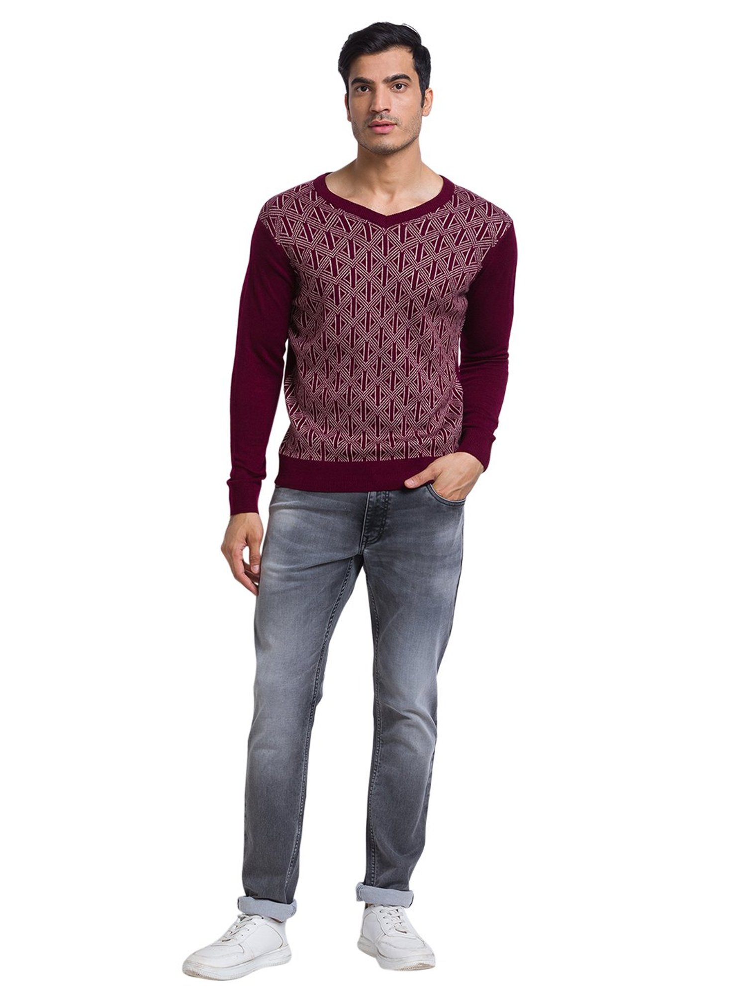 Parx Maroon Regular Fit Self Design Sweater