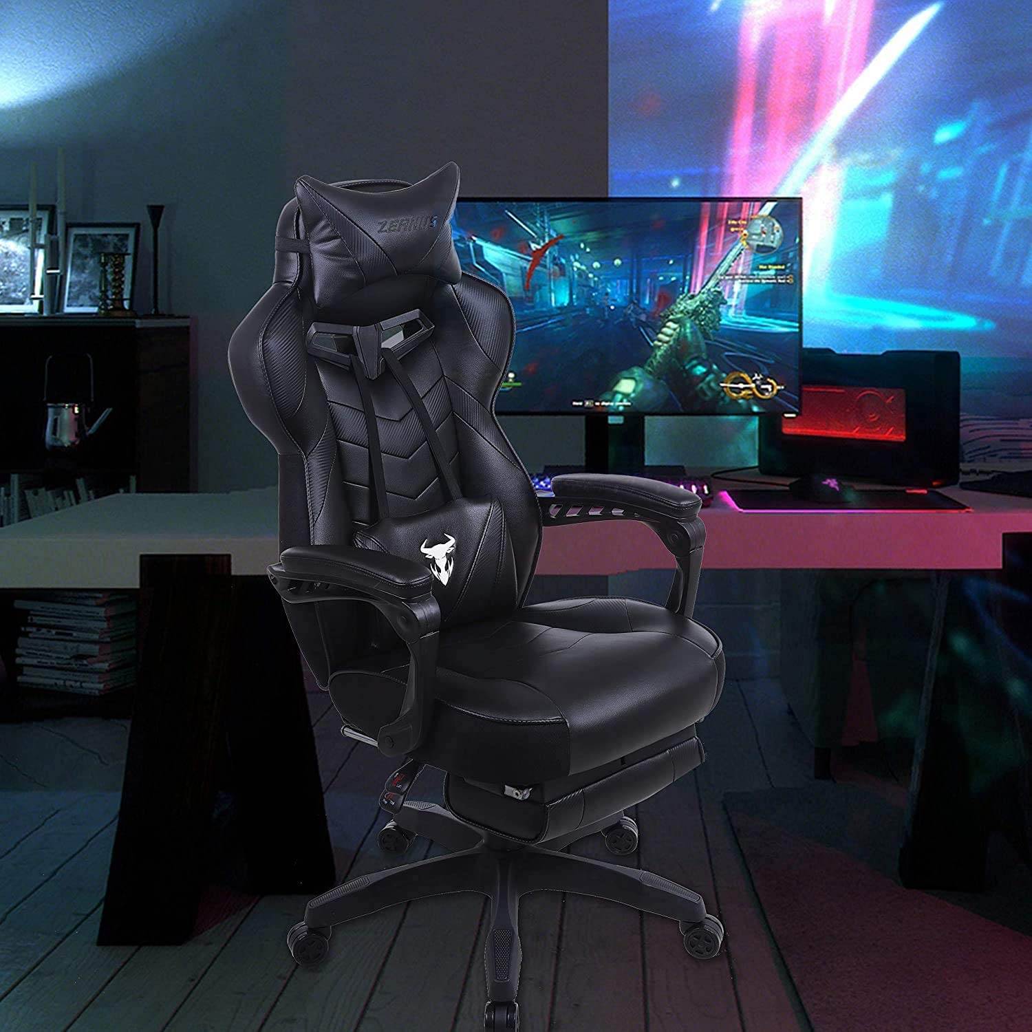 Zeanus Gaming Chair for Adults Green, Gaming Chair with Footrest, Massage Computer Gaming Chair, Reclining Gaming Desk Chair, Big and Tall Video Gaming Chair, Racing Style Chair, E-Sports Gamer Chair