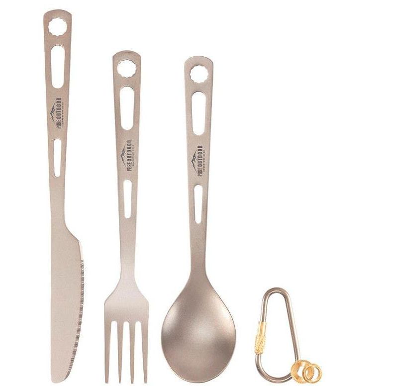 Monoprice Titanium 3-Piece Cutlery Set, Lightweight, Durable, Carabiner Included - Pure Outdoor Collection