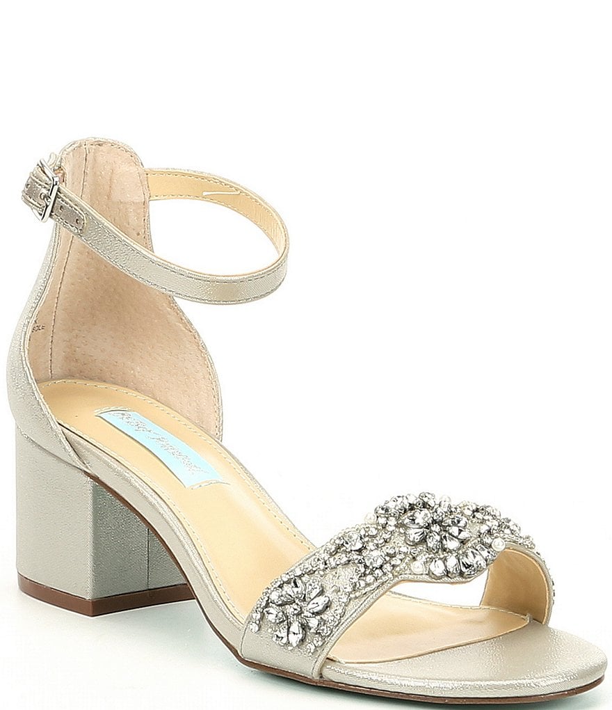 Blue by Betsey Johnson Mel Bejeweled Satin Block Heel Dress Sandals