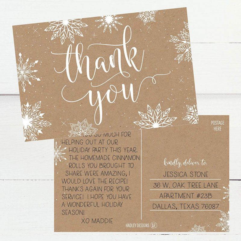 25 4x6 Blank Christmas Holiday Thank You Postcards Bulk, Cute Kraft Winter Snowflake Note Card Stationery For Wedding, Bridesmaids, Bridal or Baby Shower, Teachers, Religious, Business Cards