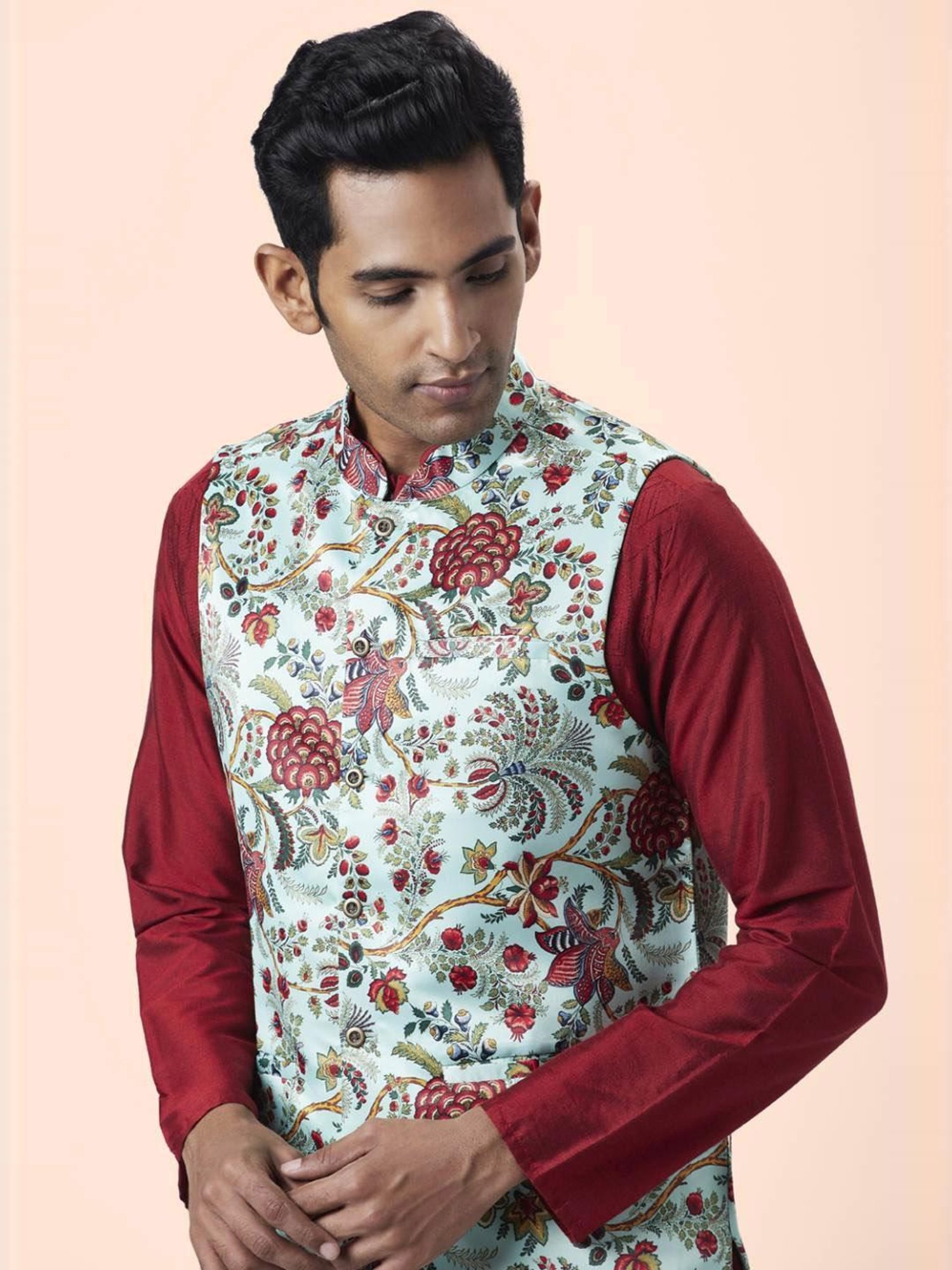 Indus Route By Pantaloons Pista Green Regular Fit Printed Nehru Jacket