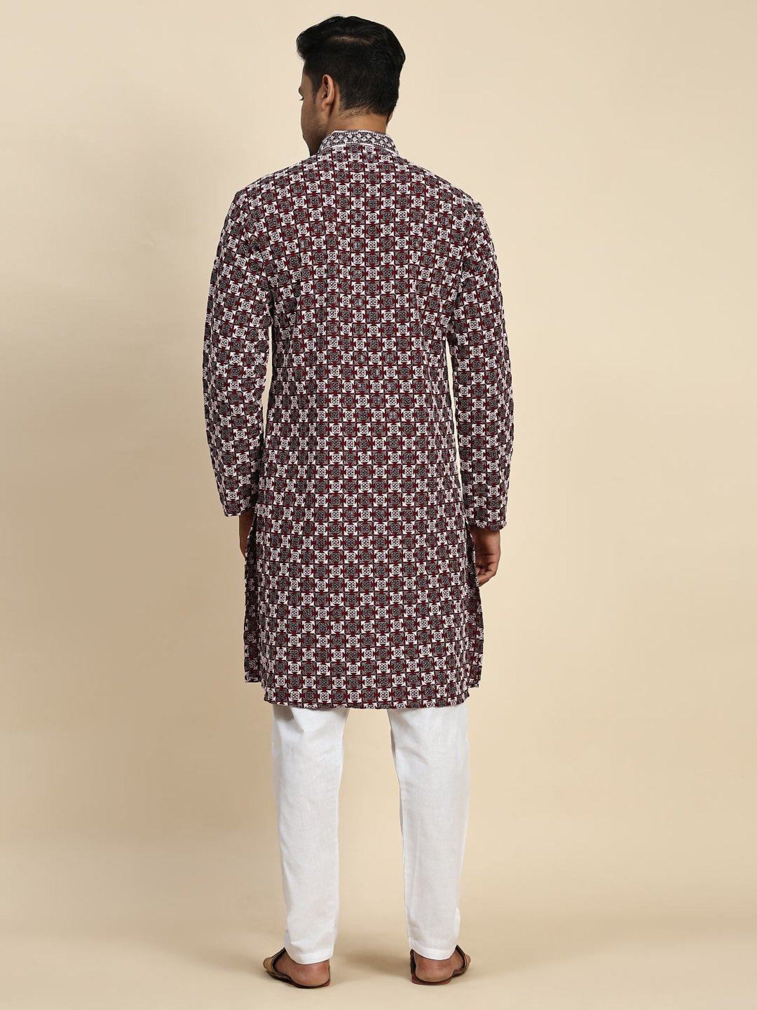 Pro-Ethic Style Developer Maroon & White Cotton Regular Fit Embellished Kurta Bottom Set