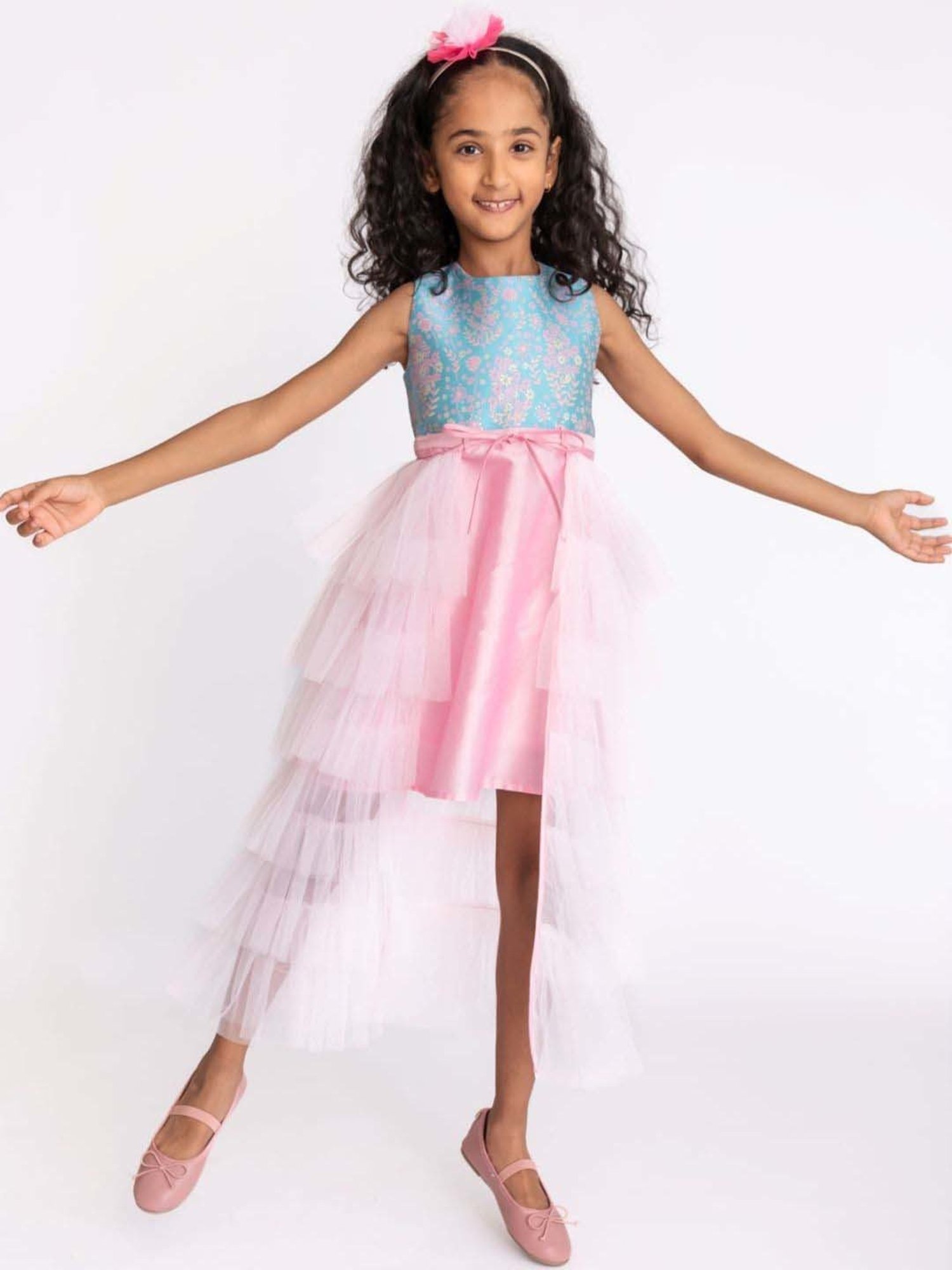 A Little Fable Blue & Pink Floral Print Gown